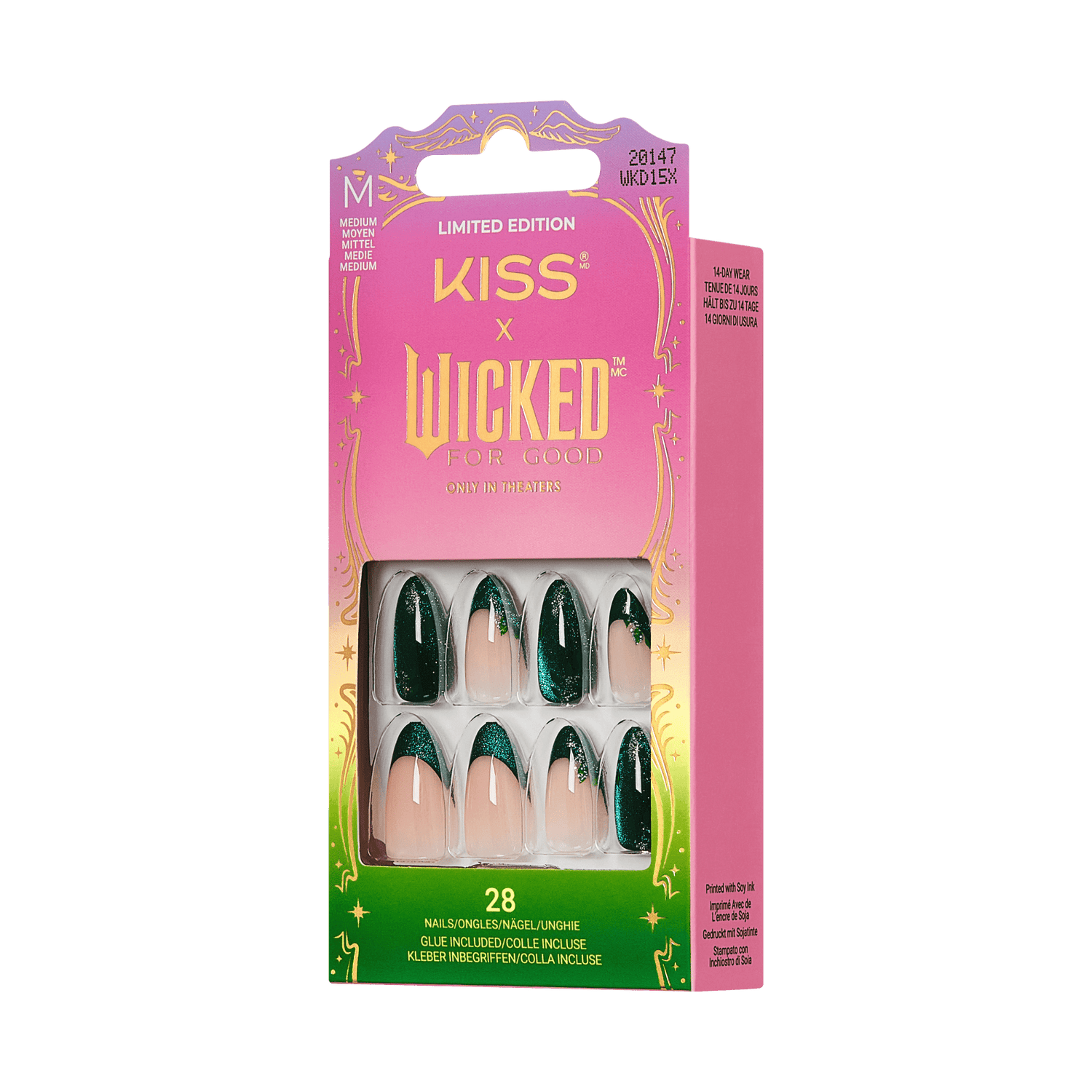 KISS x Wicked Limited Edition Press-On Nails, 28 Count, Green Glitter Design