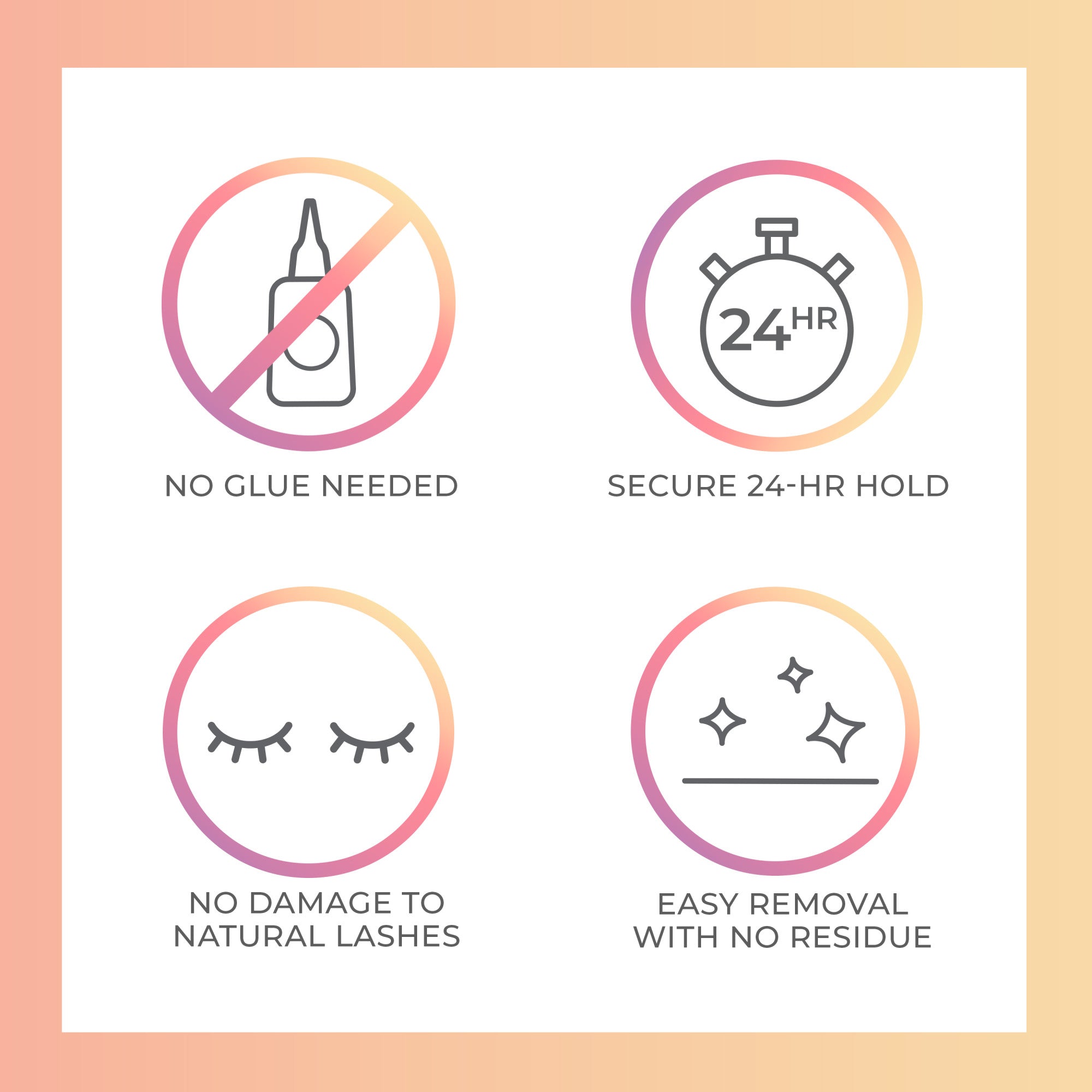 Four circular icons with gradient borders display product benefits: no glue needed, secure 24-hour hold, no damage to natural lashes, and easy removal with no residue.