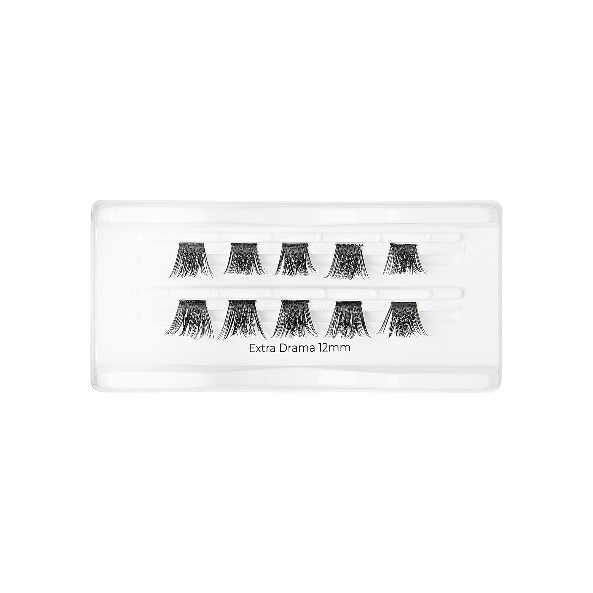 Ten pairs of short, black false eyelash clusters arranged in two rows inside a clear plastic tray with the label \