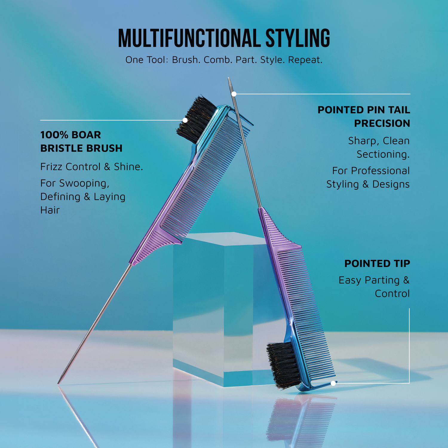 KISS Colors &amp; Care 3-in-1 Ombre Chrome Edge Combrush with boar bristle brush and metal pin tail for precise styling, parting, and frizz control.