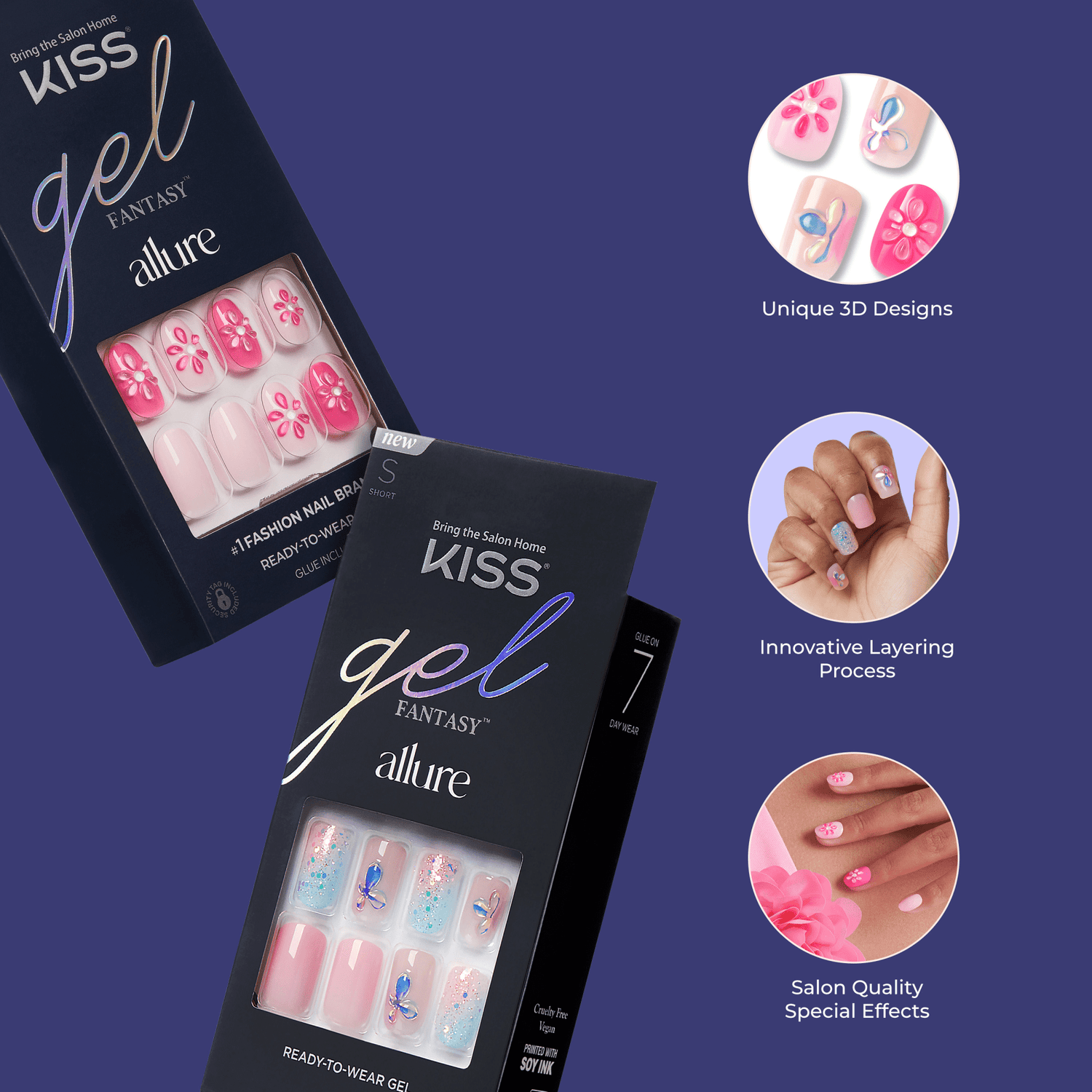 Two boxes of KISS Gel Fantasy Allure press-on nails with gel finish, showing pink and glitter designs with 3D floral and butterfly accents.