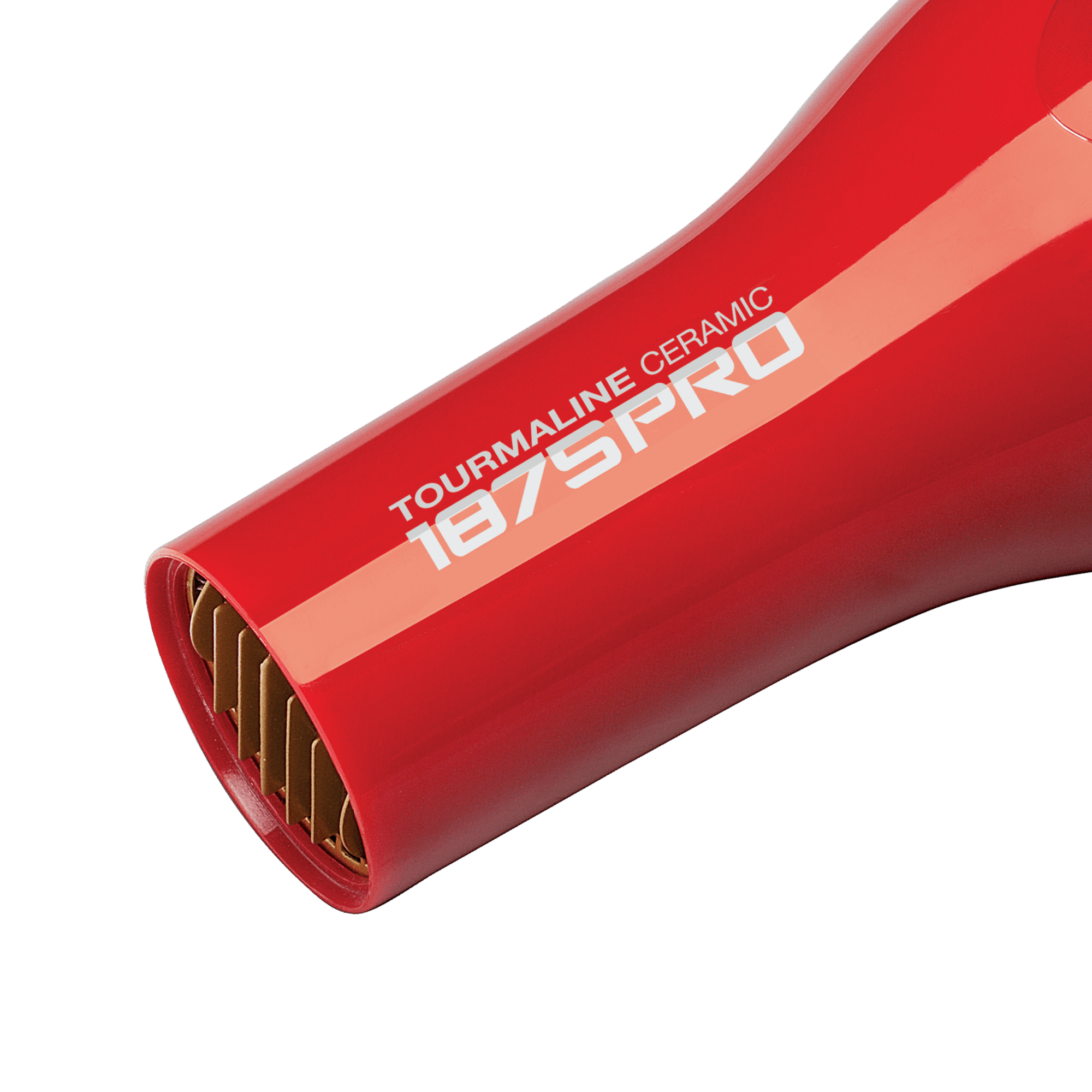 Close-up view of the red 1875 Pro Tourmaline Ceramic Dryer nozzle showing white branding text on the side.