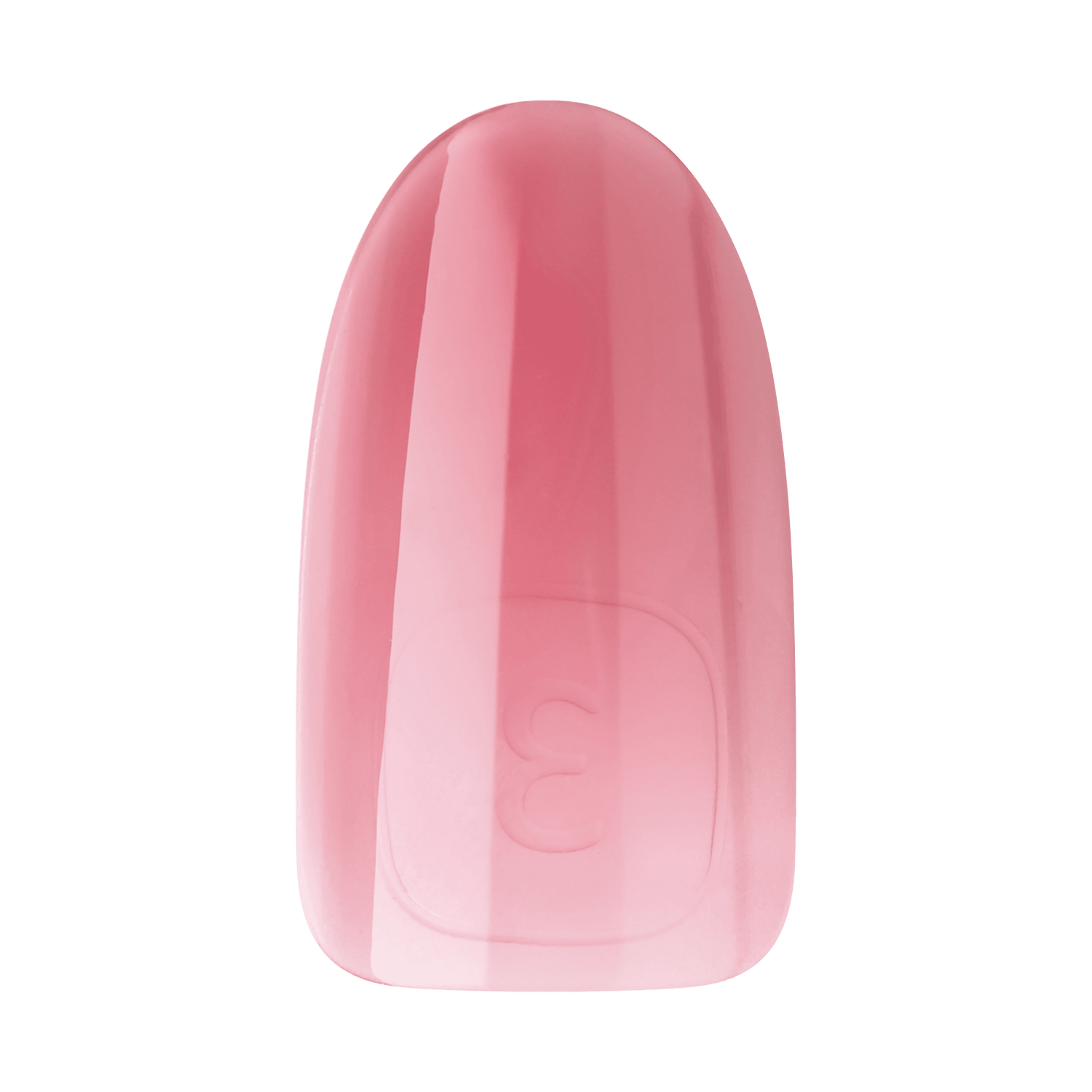 Glossy press-on gel nail in soft pastel pink with a slightly rounded square shape, showing an embossed size number \