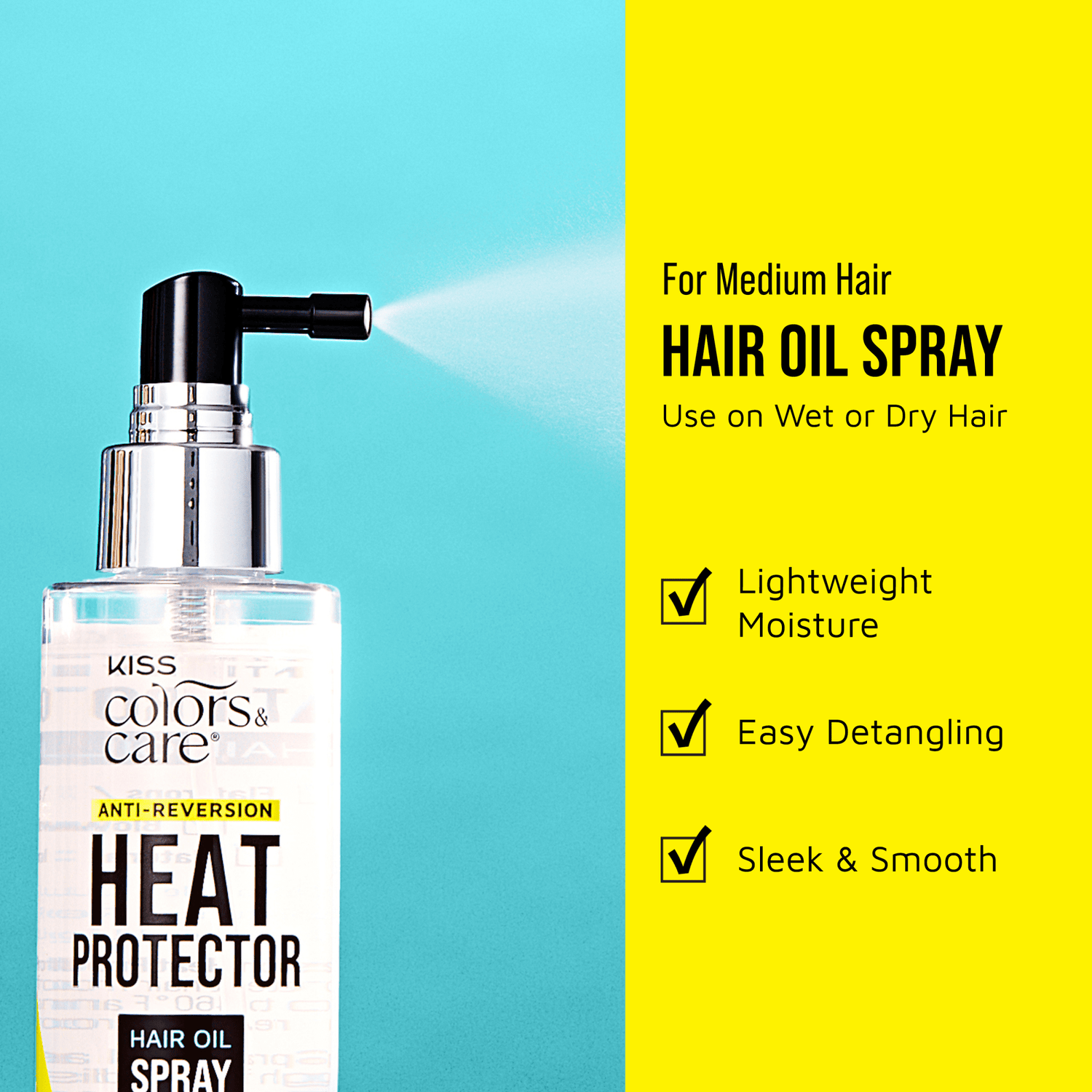 Clear spray bottle of KISS Colors &amp; Care Anti-Reversion Heat Protector Hair Oil Spray shown spraying, against blue and yellow background with text highlighting use for medium hair, lightweight moisture, easy detangling,…