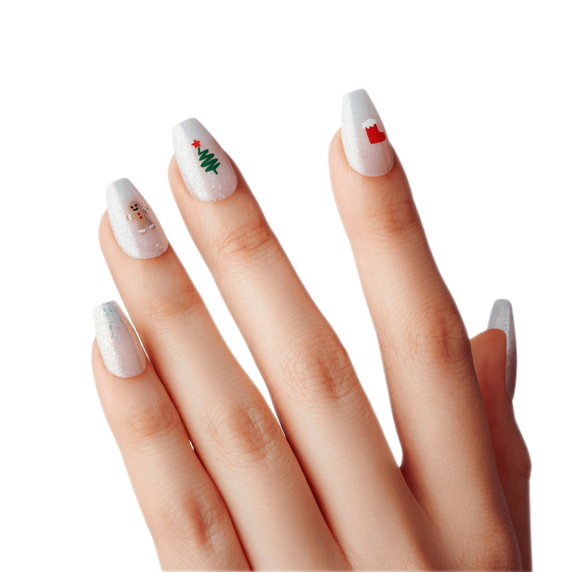 Hand with long, glittery white coffin-shaped nails featuring holiday designs: gingerbread man, Christmas tree with red star, and red stocking with white trim.