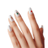 Hand with long, glittery white coffin-shaped nails featuring holiday designs: gingerbread man, Christmas tree with red star, and red stocking with white trim.