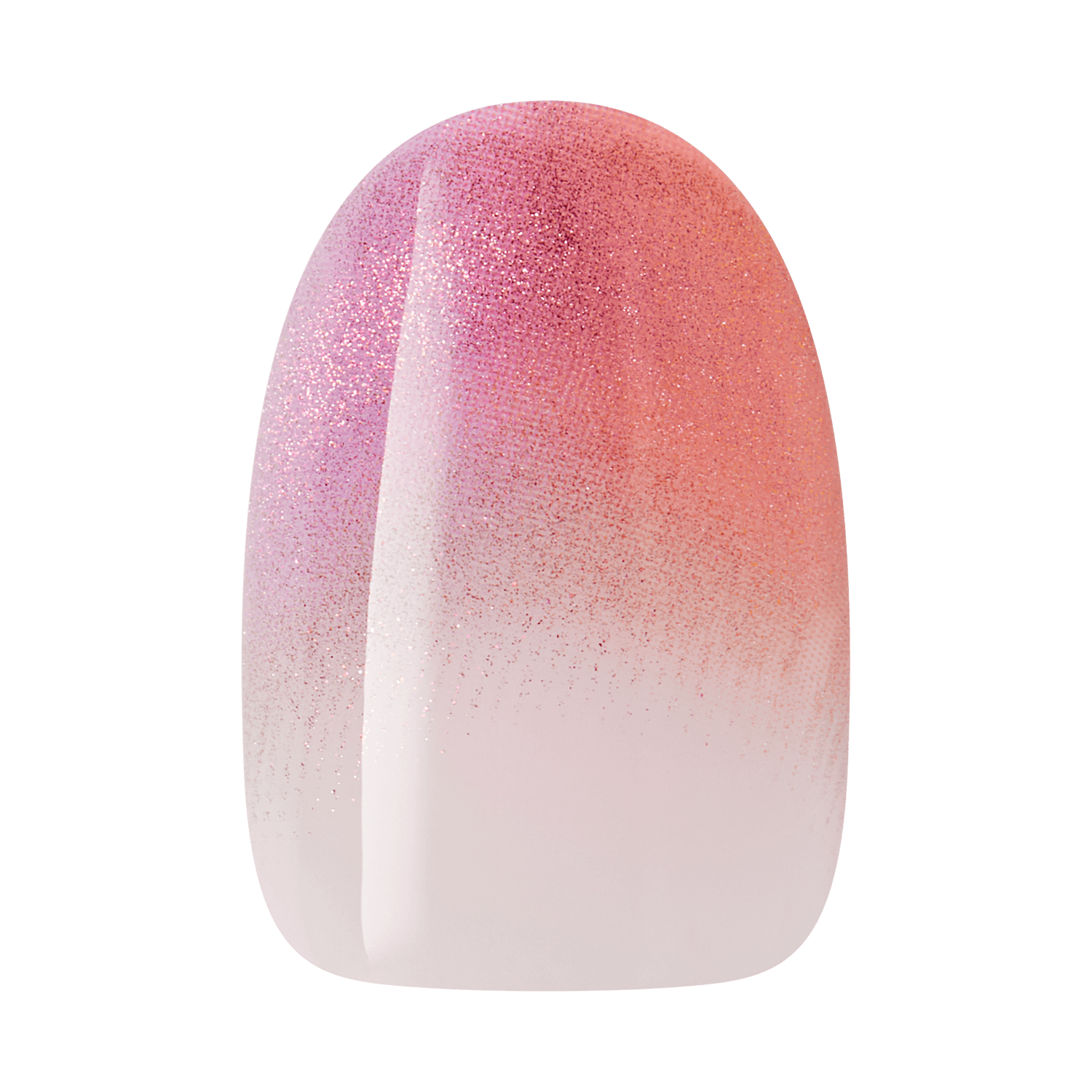 Glossy artificial nail tip with a gradient design transitioning from soft pink at the base to shimmering darker pink and coral glitter at the tip.