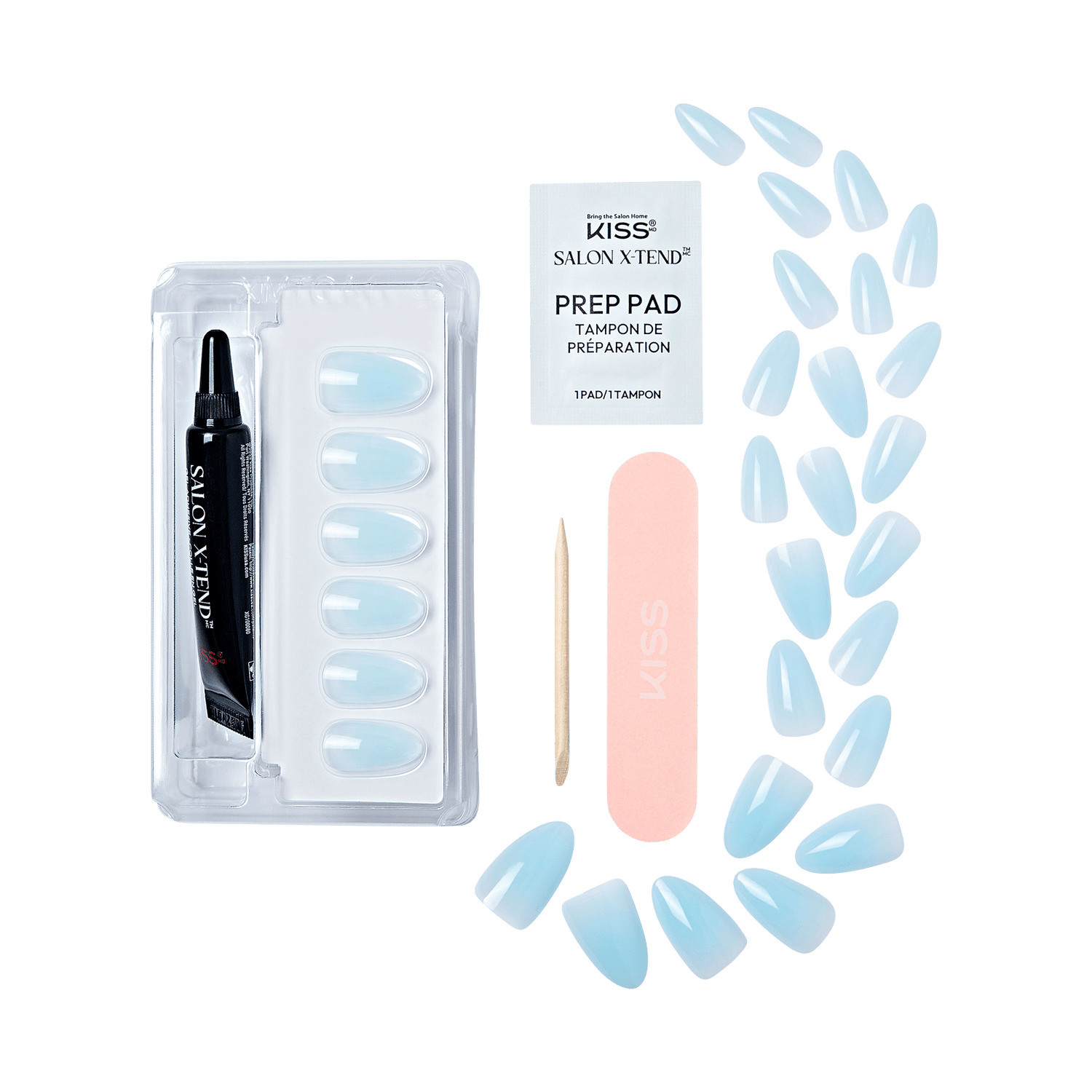 KISS Salon X-tend press-on gel nails in light blue ombre, shown with adhesive prep pad, nail glue tube, wooden cuticle stick, and pink nail file.