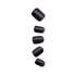 Five glossy press-on nails in solid black arranged vertically against a plain background, showing a variety of square to rounded shapes.