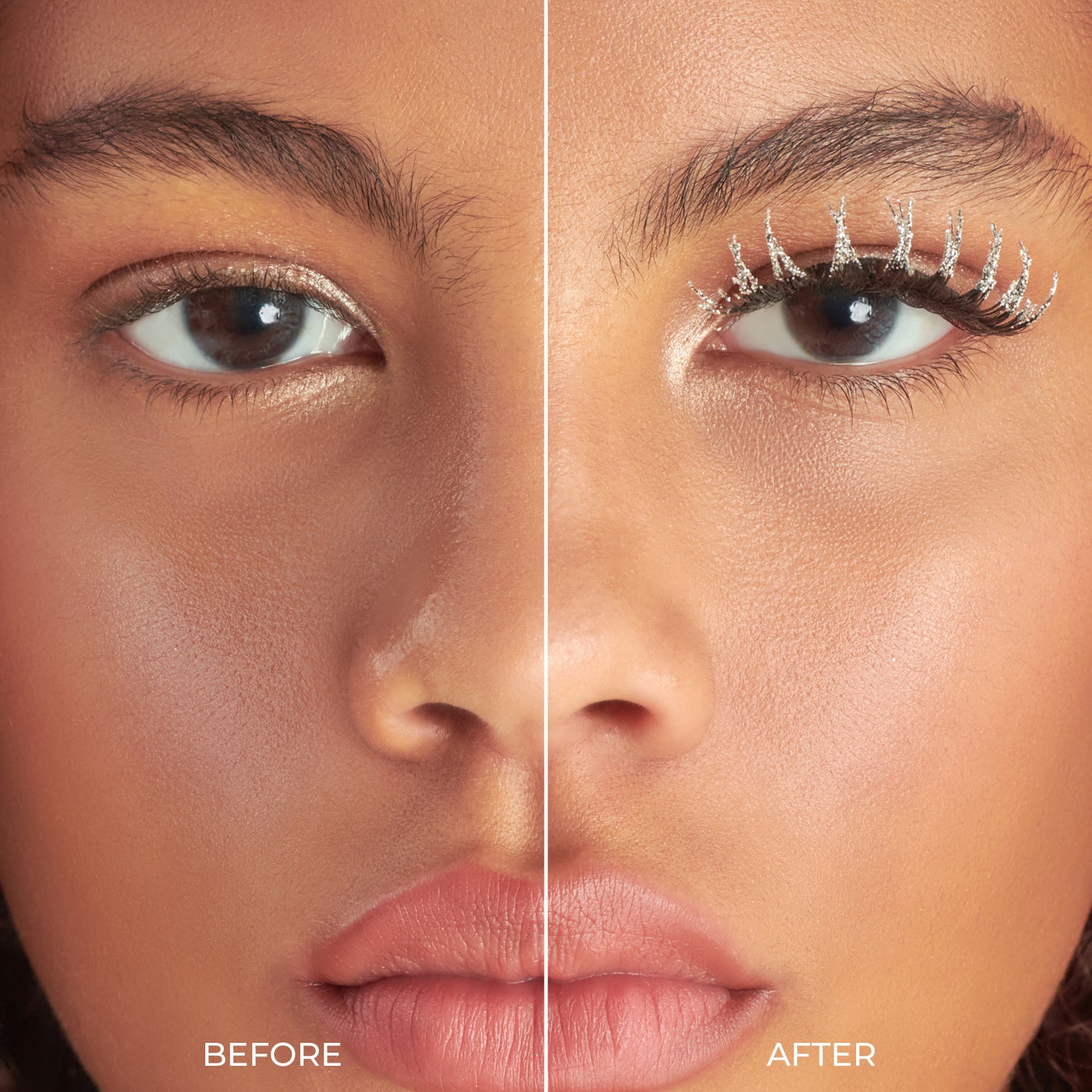 Before and after eye makeup comparison showing sparkly lashes and eyeshadow application.