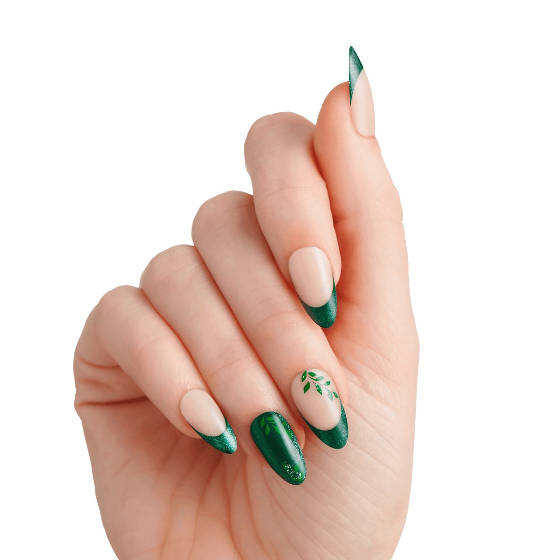 Almond nails with green glitter and leaf nail art design against white background.