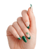 Almond nails with green glitter and leaf nail art design against white background.