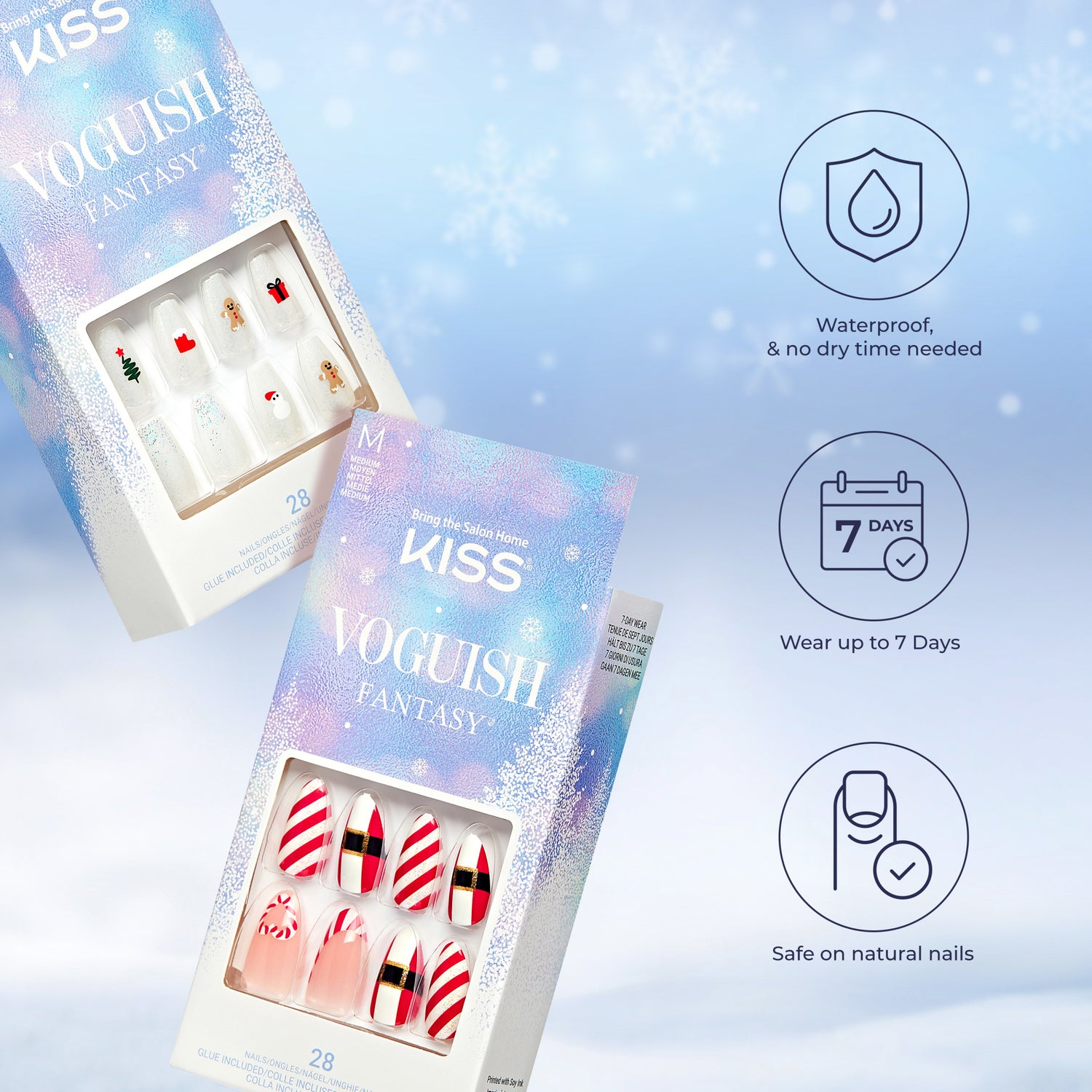 Two KISS Voguish Fantasy Holiday Nails sets with festive designs including candy cane stripes, Santa belt, gingerbread, and holiday icons. Packaging highlights waterproof, no dry time, 7-day wear, and safe on natural nails.