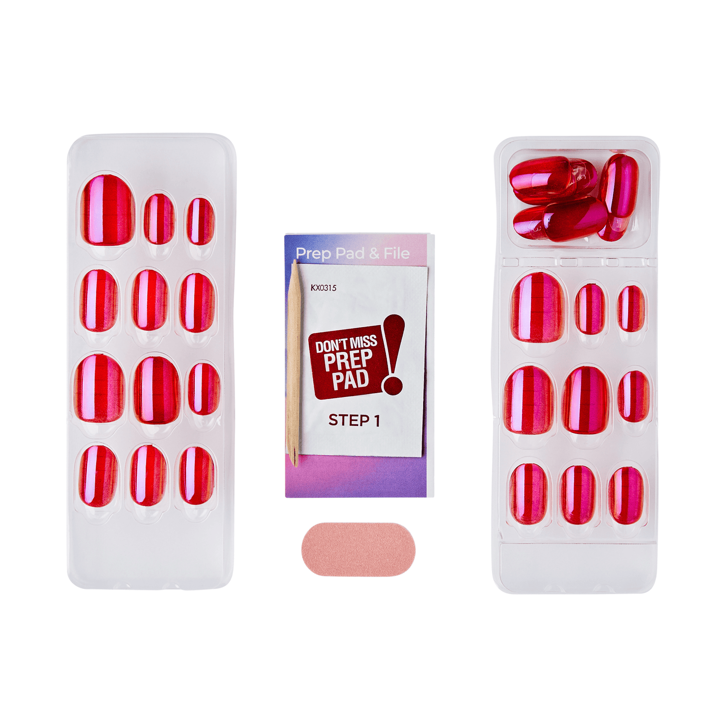 Two trays of shiny red press-on nails in various sizes, a purple and pink Prep Pad &amp; File card with a wooden stick, labeled \