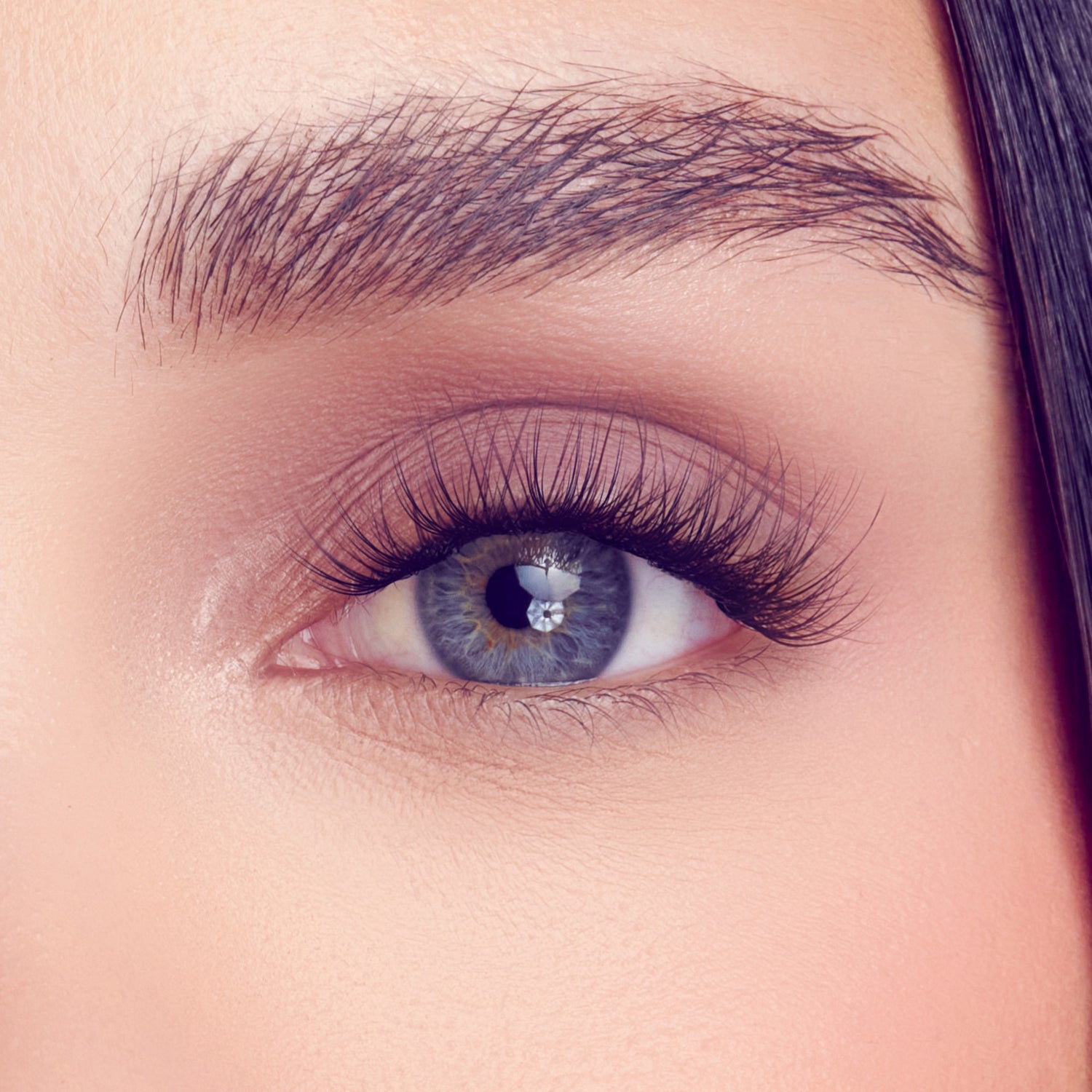 Close-up of a blue eye with long, delicate, natural-looking false lashes applied, showcasing the FALSCARA Studio Lash Palette - Delicate Light style.