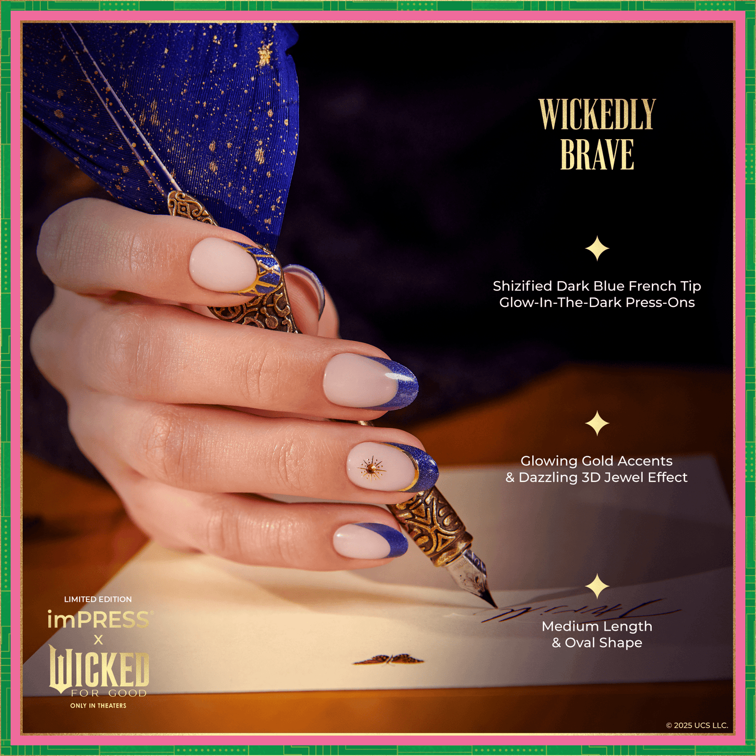 Wickedly Brave dark blue French tip press-on nails with gold accents from imPRESS x Wicked For Good collection.