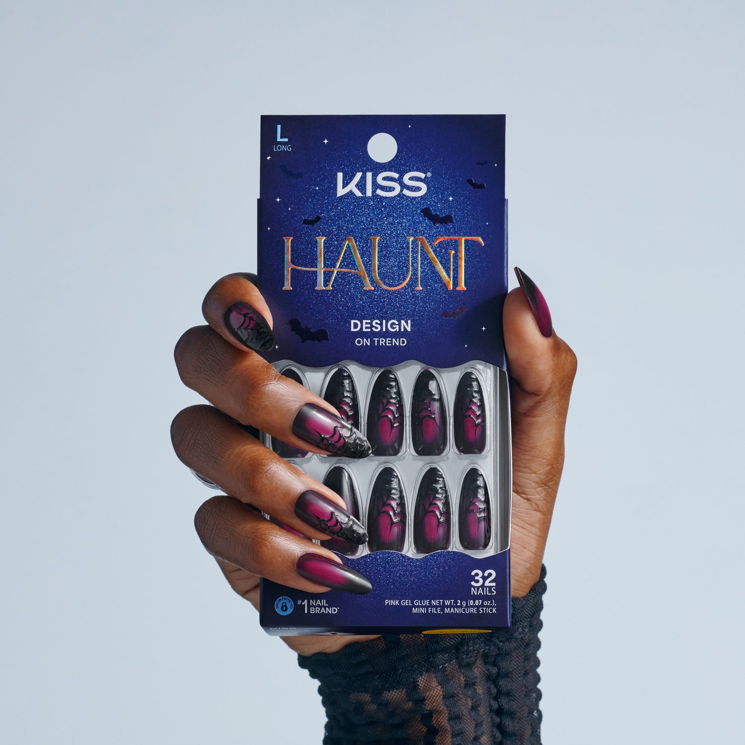 Kiss Haunt Halloween Press On Fake Glue Nails - Ghoulfriend | Design, Black &amp; Red, Long, Almond