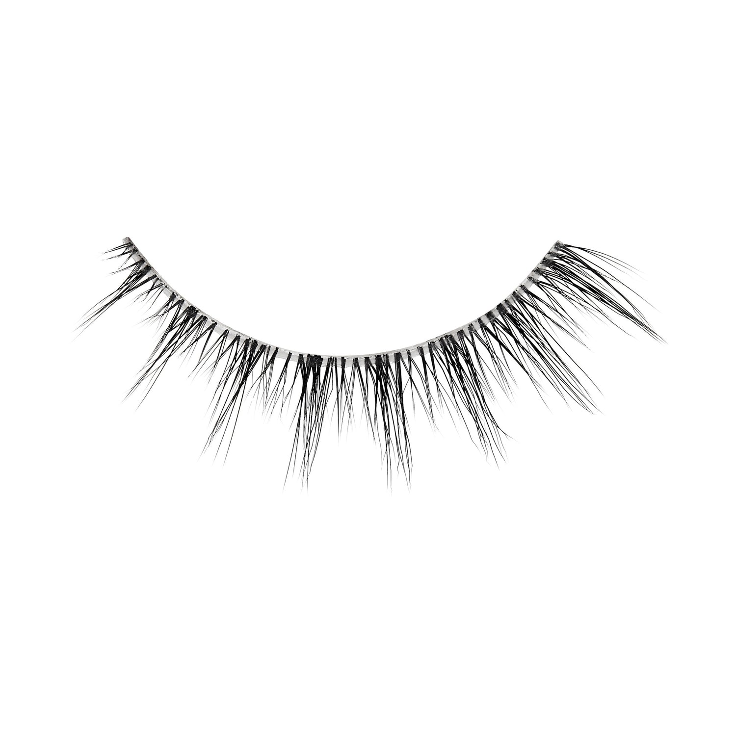 The image features a single strip of false eyelashes. The lashes are long and wispy, with varying lengths that create a dramatic effect. They are black in color and have a natural-looking texture, designed to enhance the appearance of the eyes. The strip is slightly curved, indicating how it would fit along the eyelid.