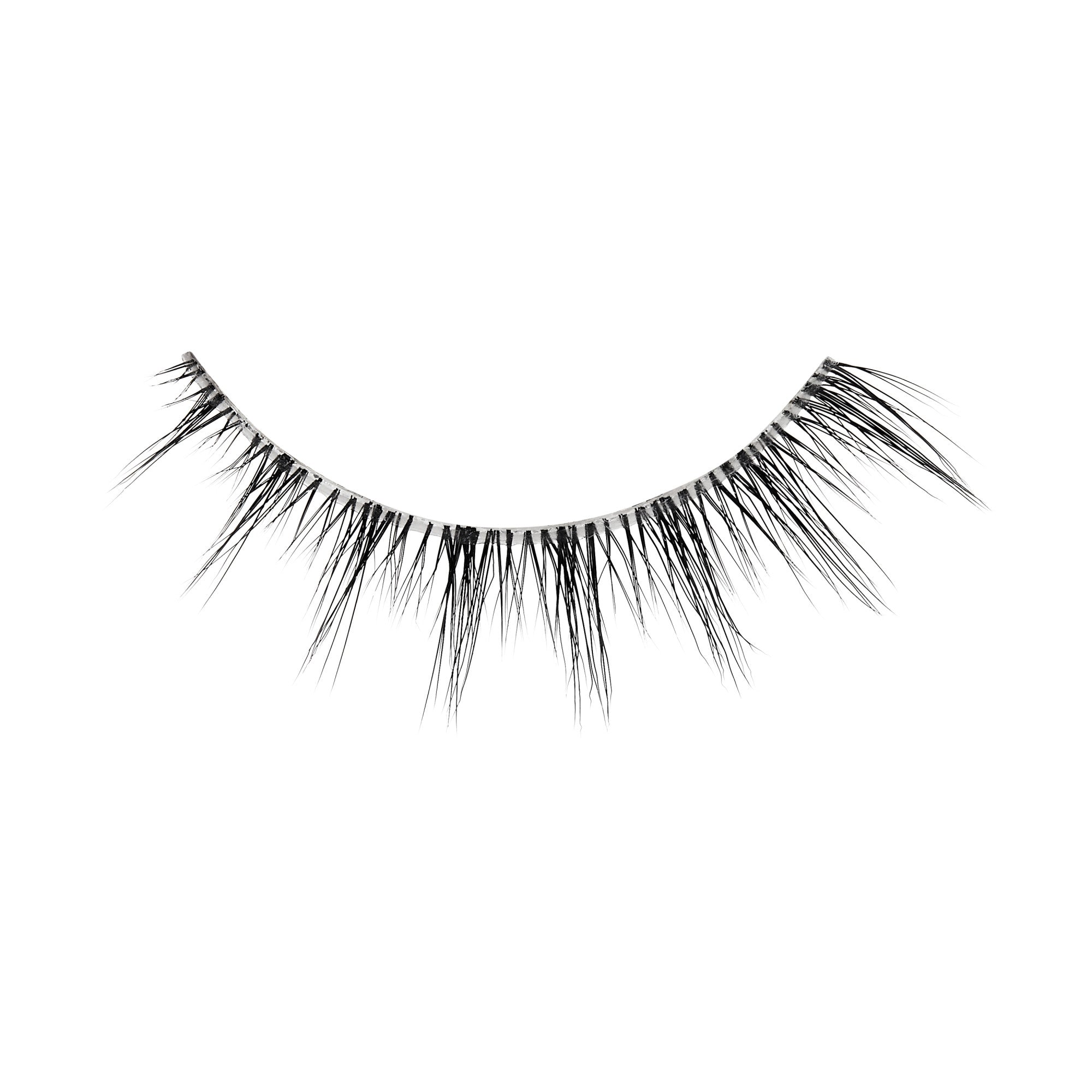 The image features a single strip of false eyelashes. The lashes are long and wispy, with varying lengths that create a dramatic effect. They are black in color and have a natural-looking texture, designed to enhance the appearance of the eyes. The strip is slightly curved, indicating how it would fit along the eyelid.
