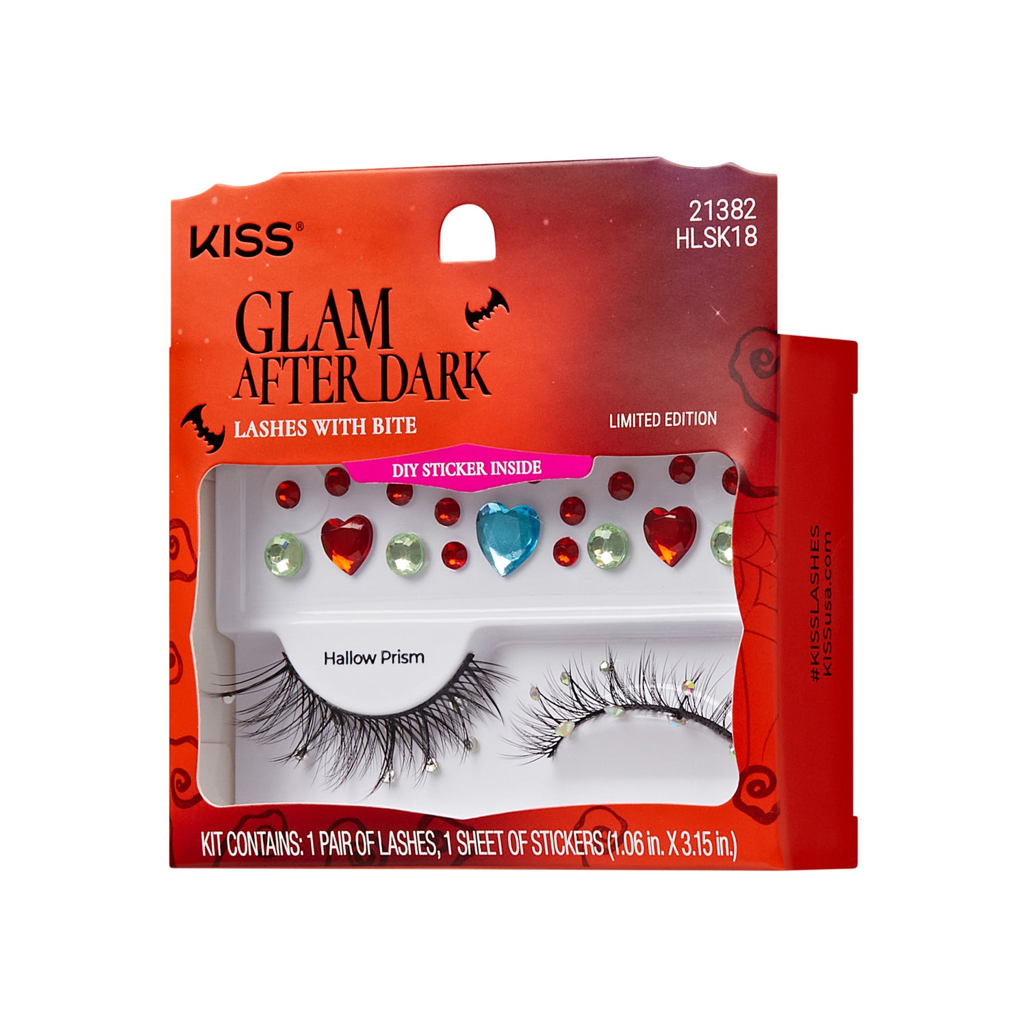 The image features a packaging for a limited edition set of false eyelashes called "Glam After Dark" by KISS. The kit includes one pair of lashes named "Hallow Prism" and a sheet of decorative stickers. The packaging is vibrant, with a red background and playful Halloween-themed graphics, including bats. The lashes are displayed prominently, showcasing their dramatic, wispy design. The stickers are colorful, featuring hearts and gems in various shapes, adding a fun, festive touch for Halloween looks.