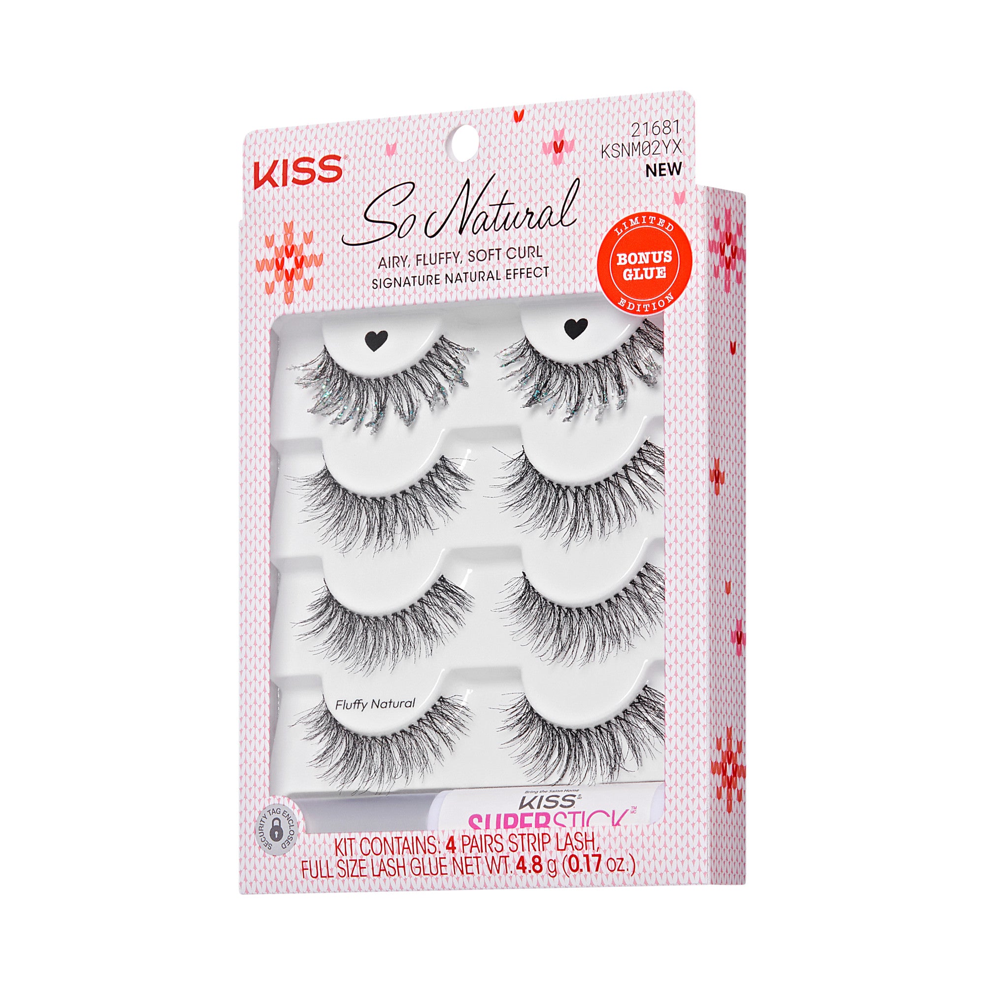 KISS So Natural false eyelashes, 4 pairs, fluffy natural curl effect with lash glue.