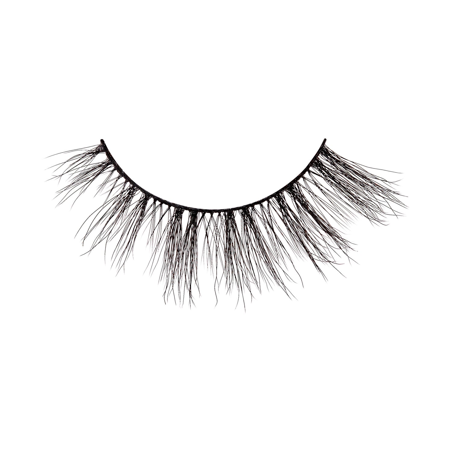 The image shows a single false eyelash. The eyelash is curved to fit the natural shape of an eyelid and features long, wispy, and voluminous strands. The lashes are densely packed at the base and taper off into finer, more delicate tips, creating a dramatic and full appearance. The base of the eyelash is a thin, black strip designed to adhere to the eyelid.