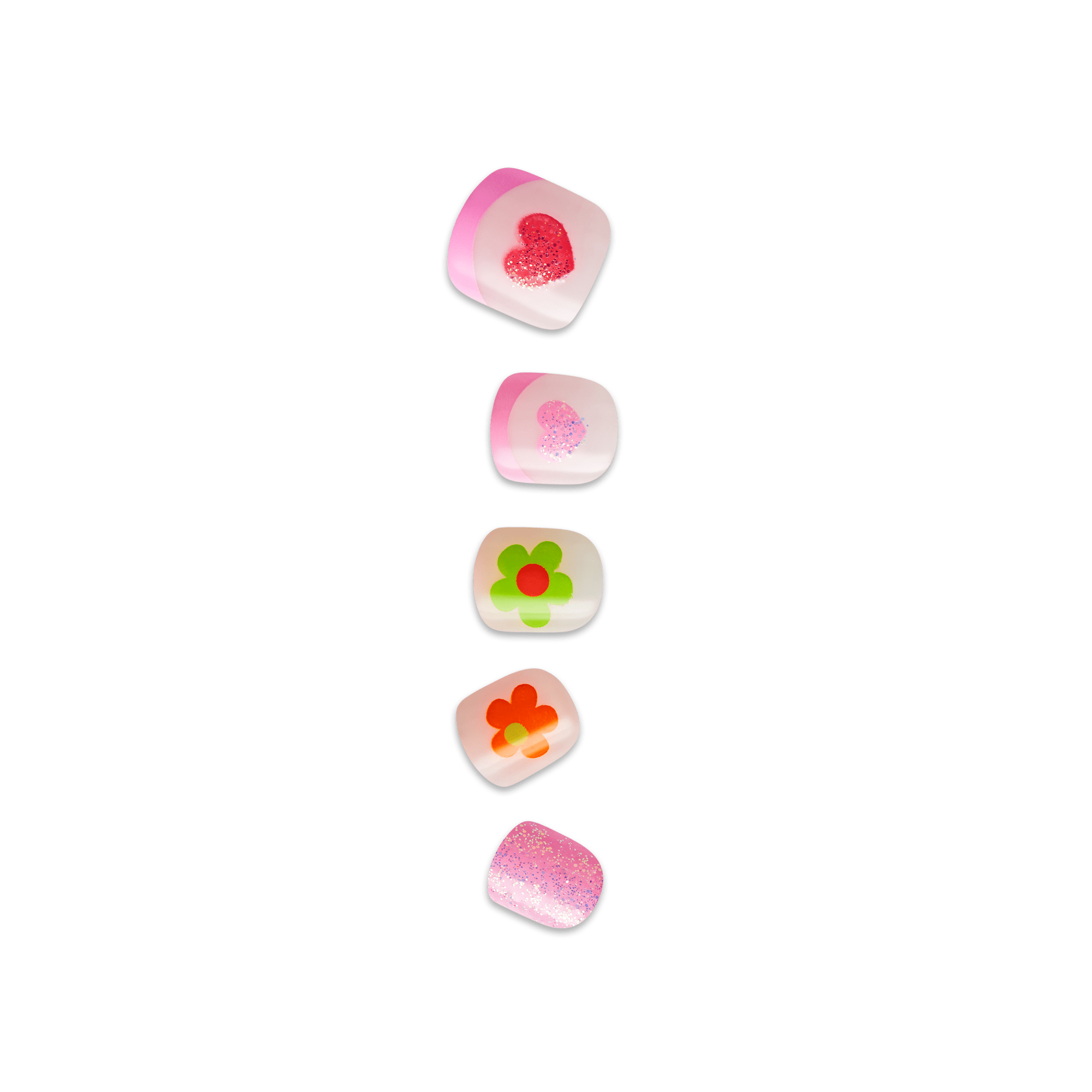 Set of five kids press-on nails in square shapes, featuring pink and white gradients with glitter hearts, green and orange flower designs, and solid pink glitter.