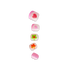 Set of five kids press-on nails in square shapes, featuring pink and white gradients with glitter hearts, green and orange flower designs, and solid pink glitter.