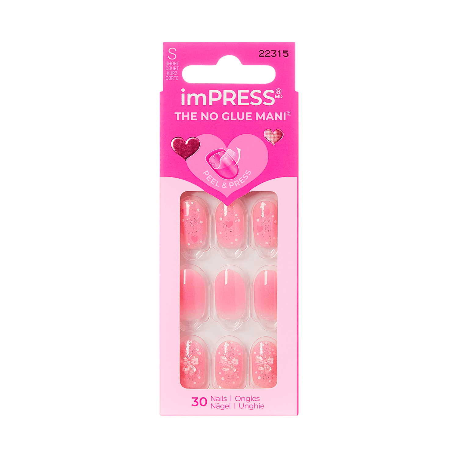 imPRESS No Glue Mani press-on nails in pink with glitter designs, size short.