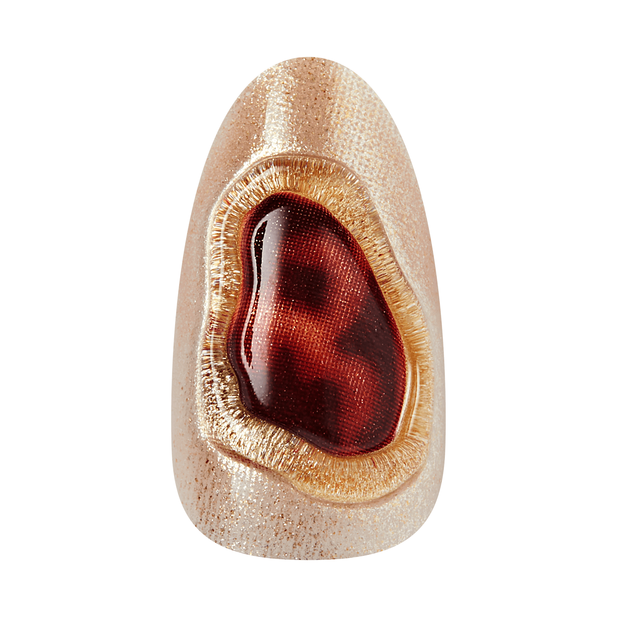 Beige glittery nail polish bottle with deep red polish swatch displayed on top.