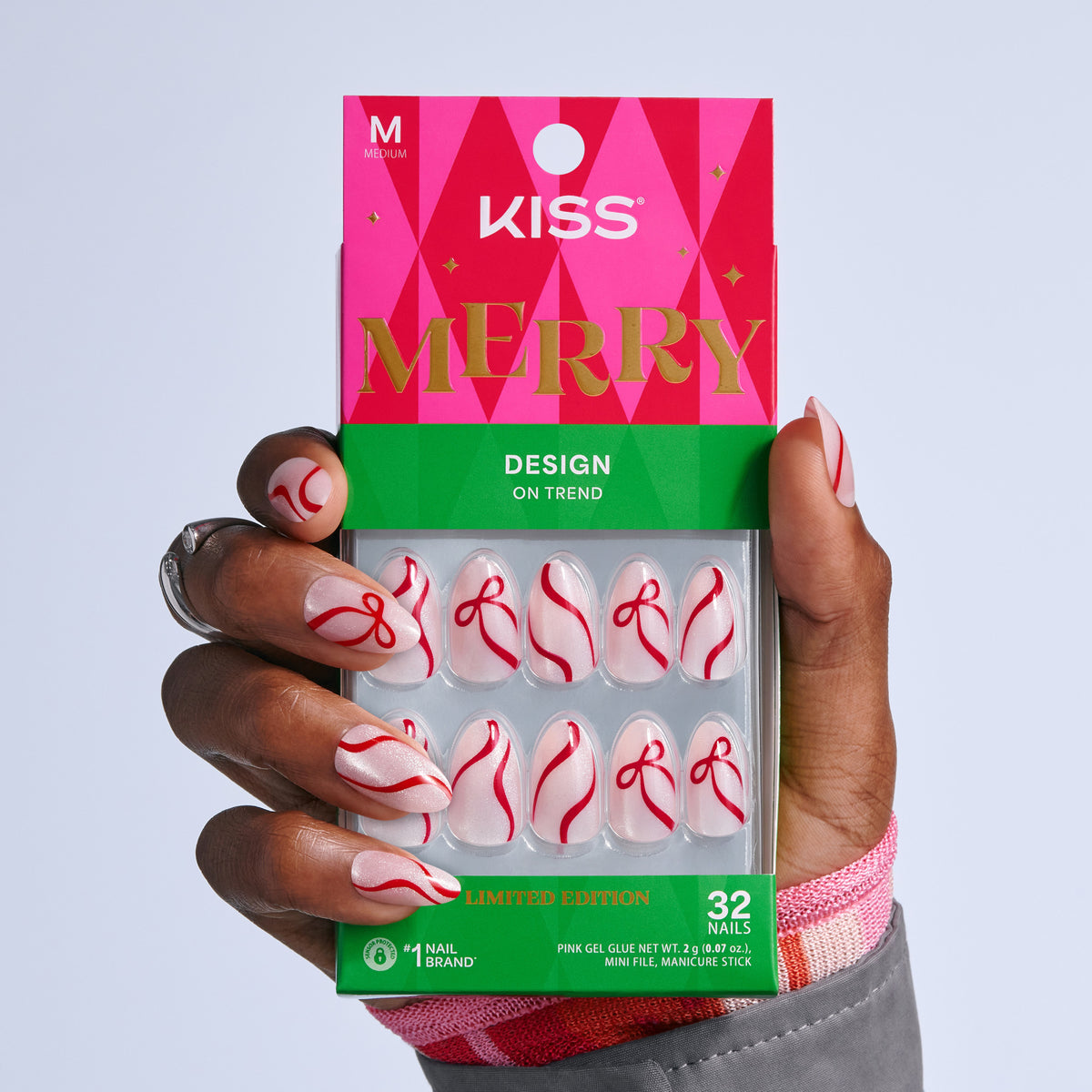 Kiss Merry Holiday Press On Fake Glue Nails - Shimmer Season | Design, Red, Medium, Almond