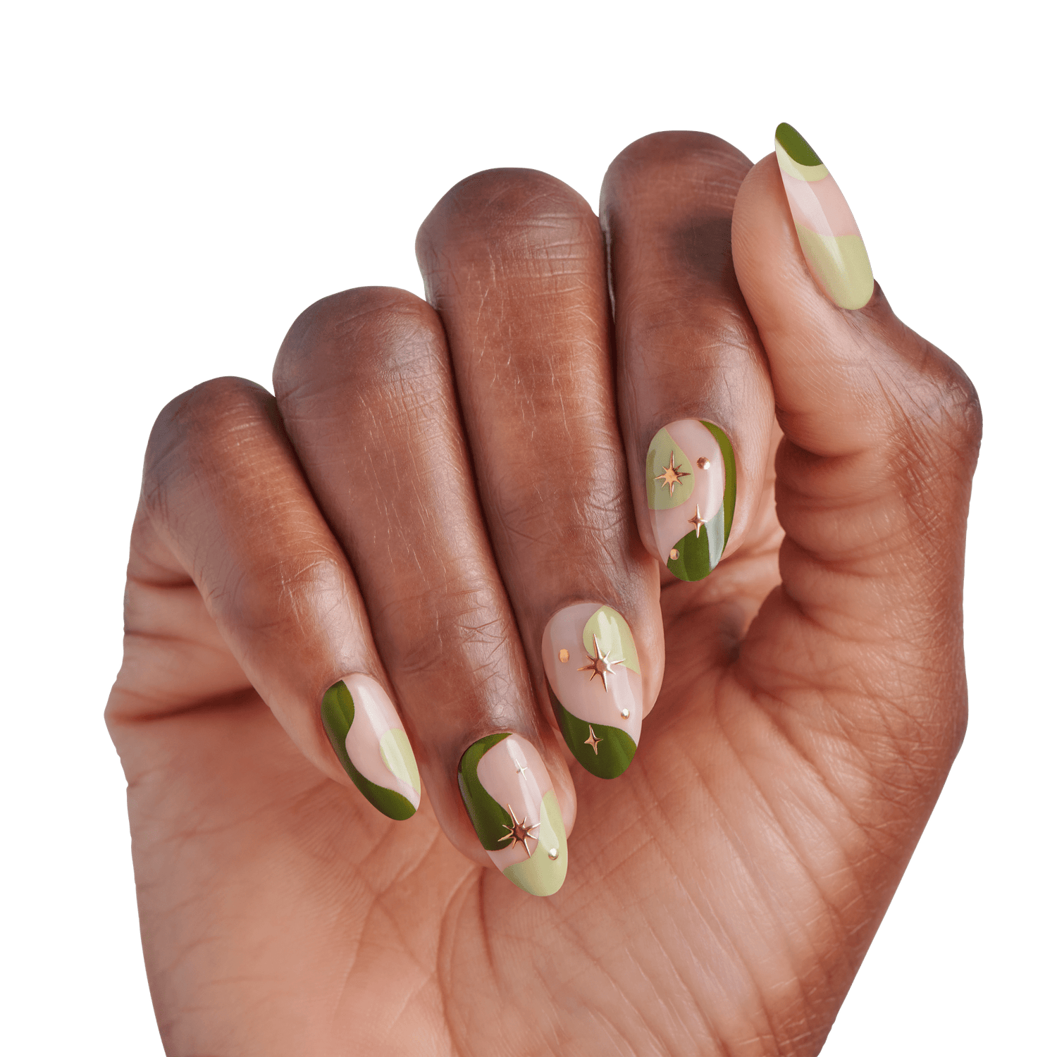 The image features a hand displaying a stylish manicure. The nails are shaped in an elegant almond style and are adorned with a combination of colors, including soft pink, muted green, and clear polish. The design incorporates abstract patterns with overlapping shapes and delicate gold accents, adding a touch of sophistication. The overall look is modern and artistic, showcasing a blend of natural and trendy elements.