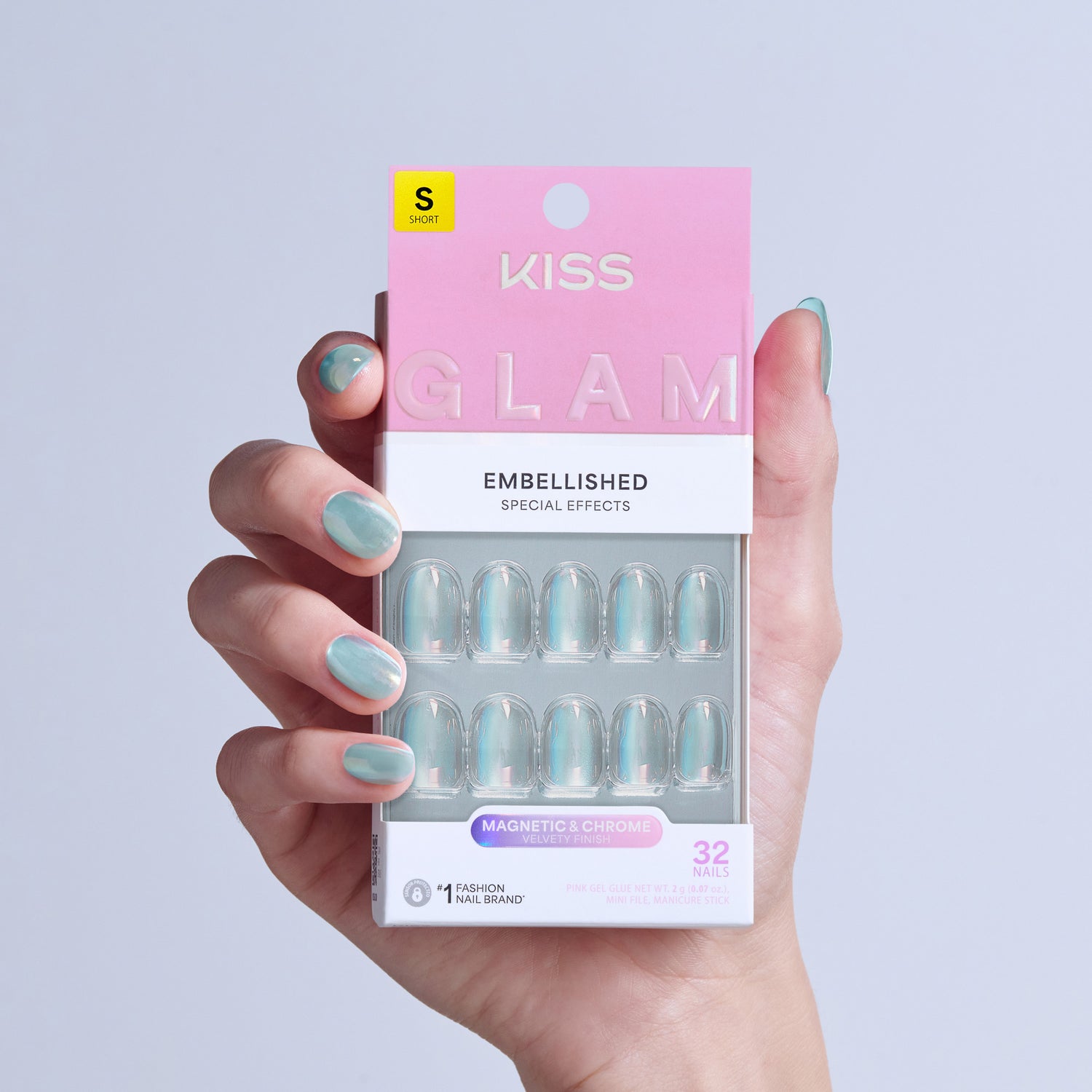 KISS Glam Embellished Nails, Magnetic &amp; Chrome finish, 32 nails, size Short