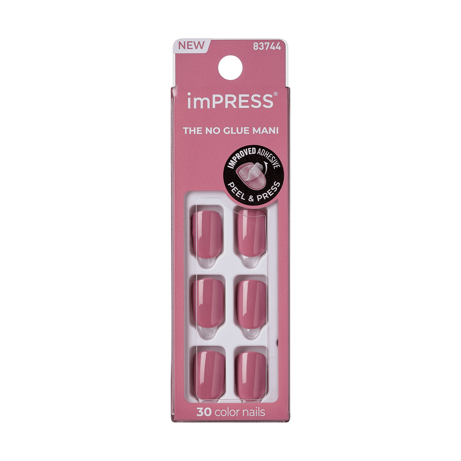 The image features a packaging for imPRESS press-on nails. The box is predominantly pink and showcases the product as "The No Glue Mani." It highlights that the nails are easy to apply with a "Peel &amp; Press" method. The package contains 30 color nails, and the design emphasizes a modern and convenient approach to nail care. The product is labeled as "NEW" and includes a specific product number, 83744.