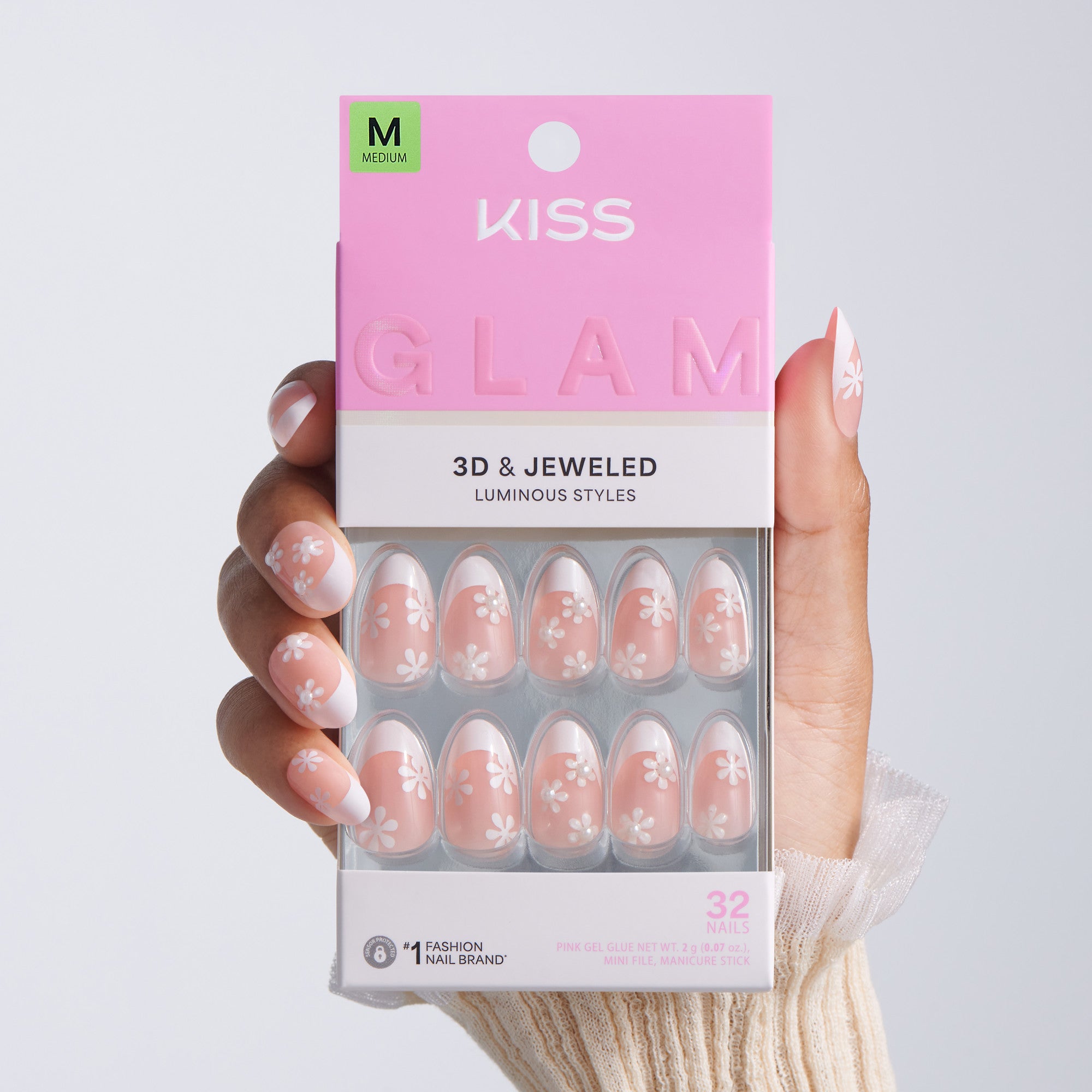 Kiss Glam Jeweled Press On Fake Glue Nails - Crystal Bloom | 3D &amp; Jeweled French Design, White, Medium, Almond