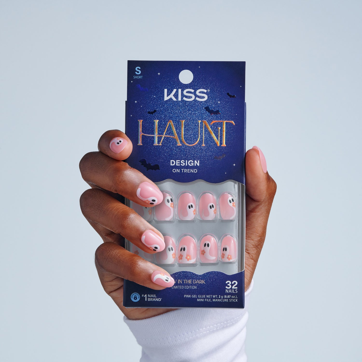 Kiss Haunt Halloween Press On Fake Glue Nails - Cursed But Cute | Design, Pink, Short, Round, Glow In The Dark
