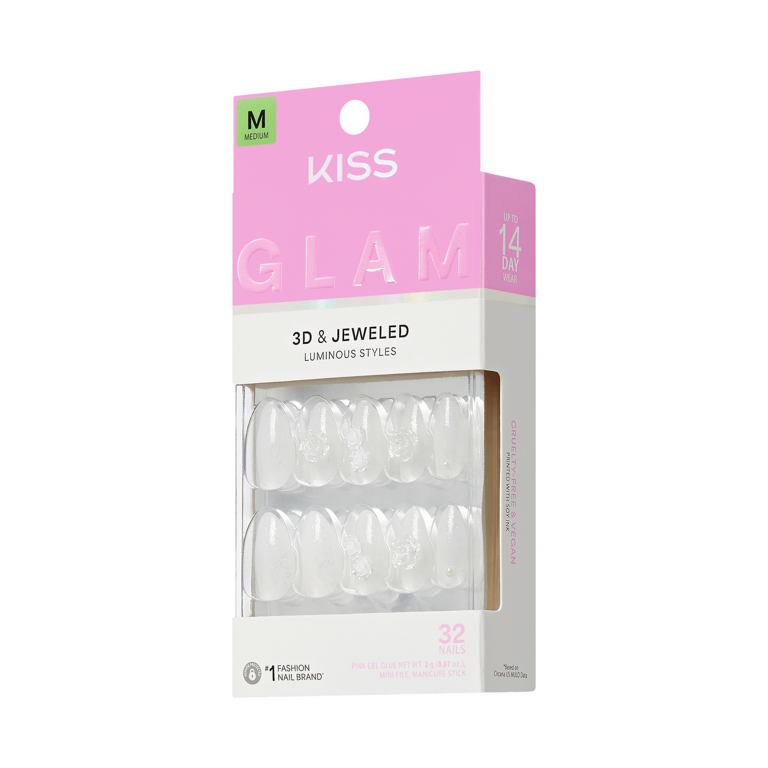 Kiss Glam Jeweled Press On Fake Glue Nails - Polaroid | 3D &amp; Jeweled Design, White, Medium, Almond