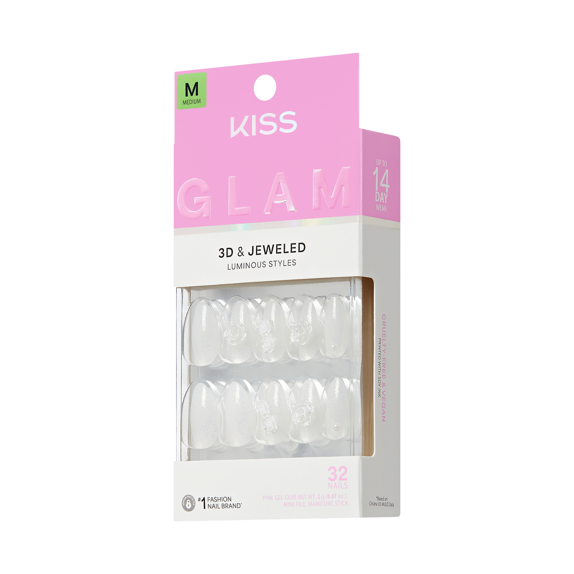 Kiss Glam Jeweled Press On Fake Glue Nails - Polaroid | 3D &amp; Jeweled Design, White, Medium, Almond