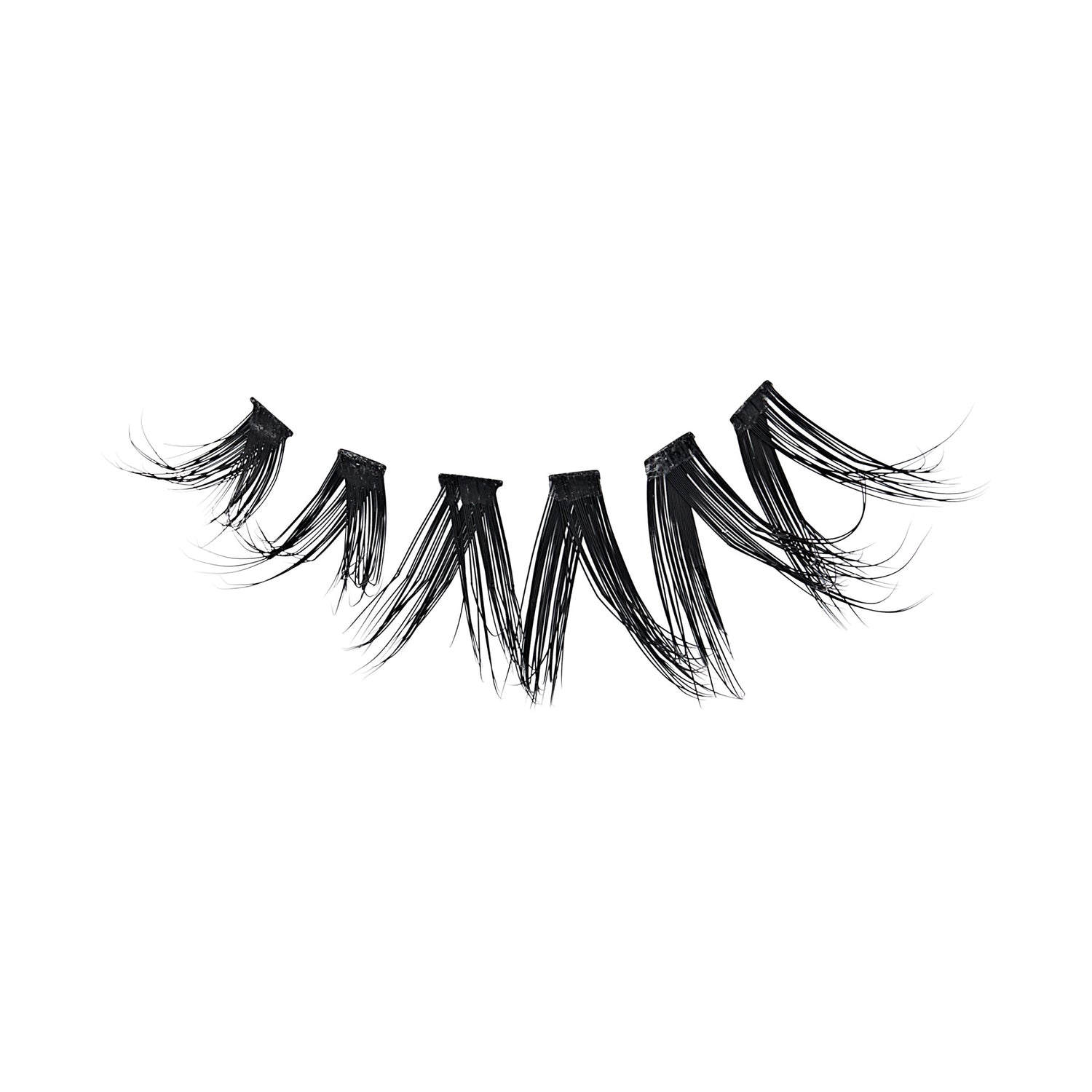 Pair of black false eyelashes with dramatic, layered fibers on white background.