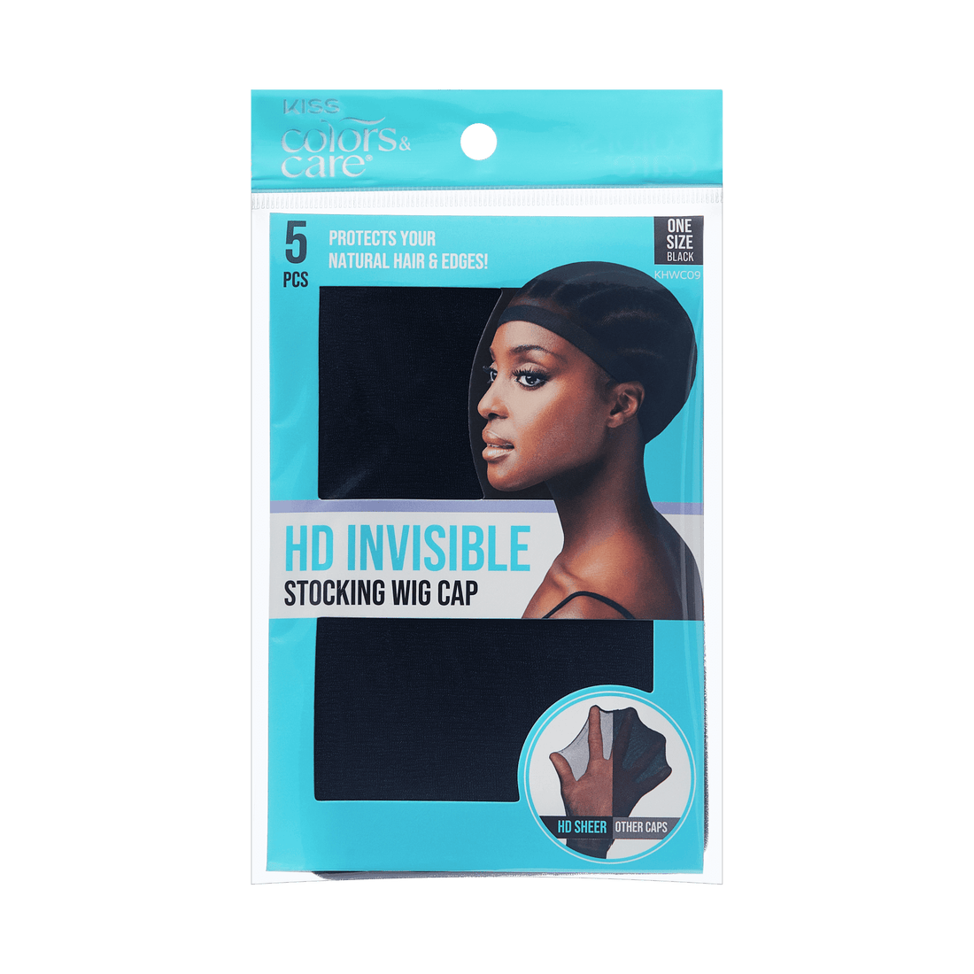 KISS Colors &amp; Care HD Invisible Stocking Wig Cap packaging in black, showing a woman wearing the cap and highlighting protection for natural hair and edges.