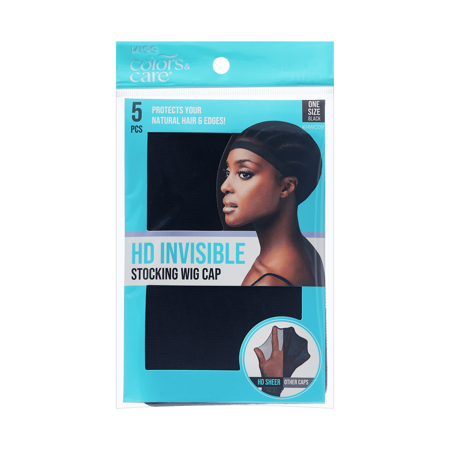 KISS Colors &amp; Care HD Invisible Stocking Wig Cap packaging in black, showing a woman wearing the cap and highlighting protection for natural hair and edges.