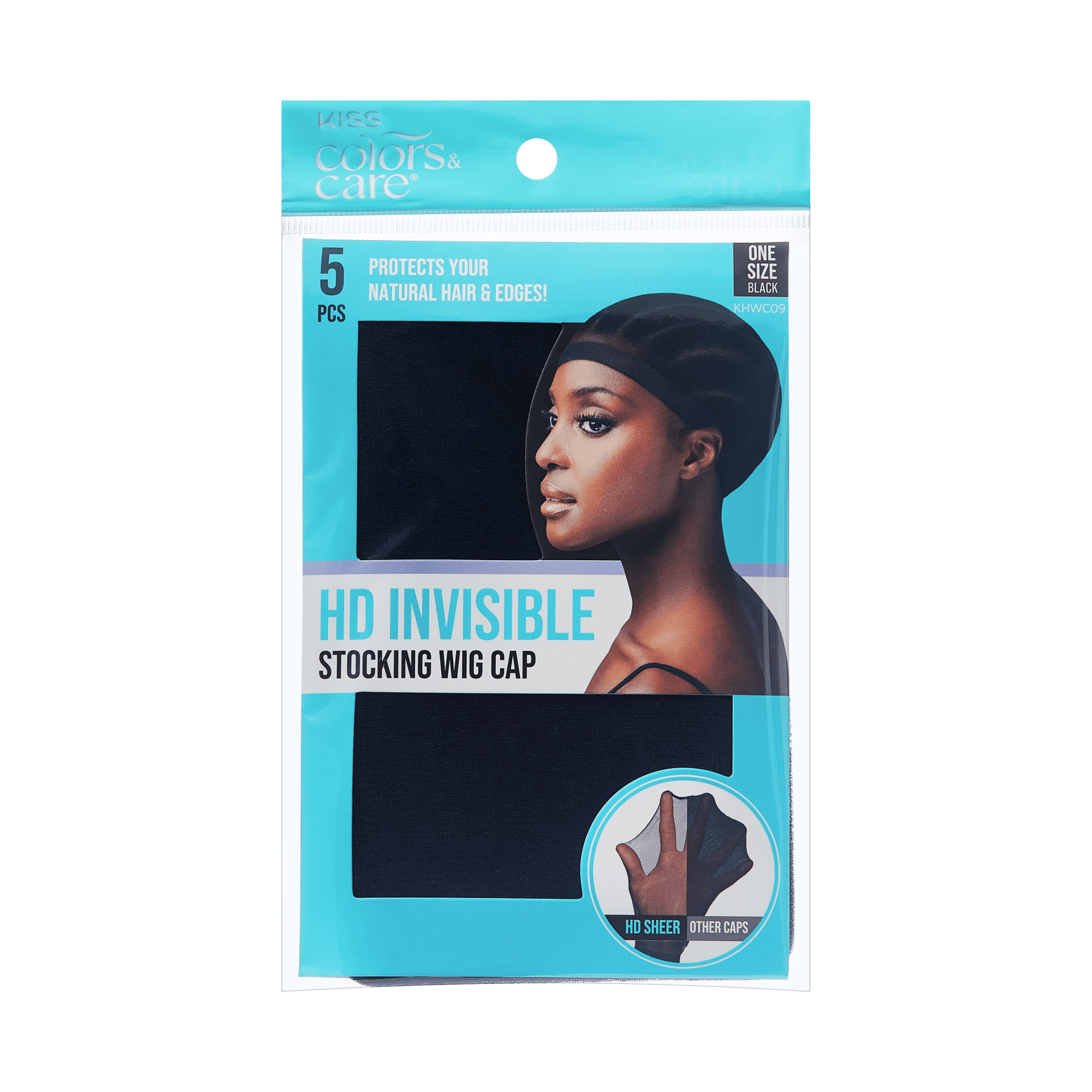 KISS Colors &amp; Care HD Invisible Stocking Wig Cap packaging in black, showing a woman wearing the cap and highlighting protection for natural hair and edges.