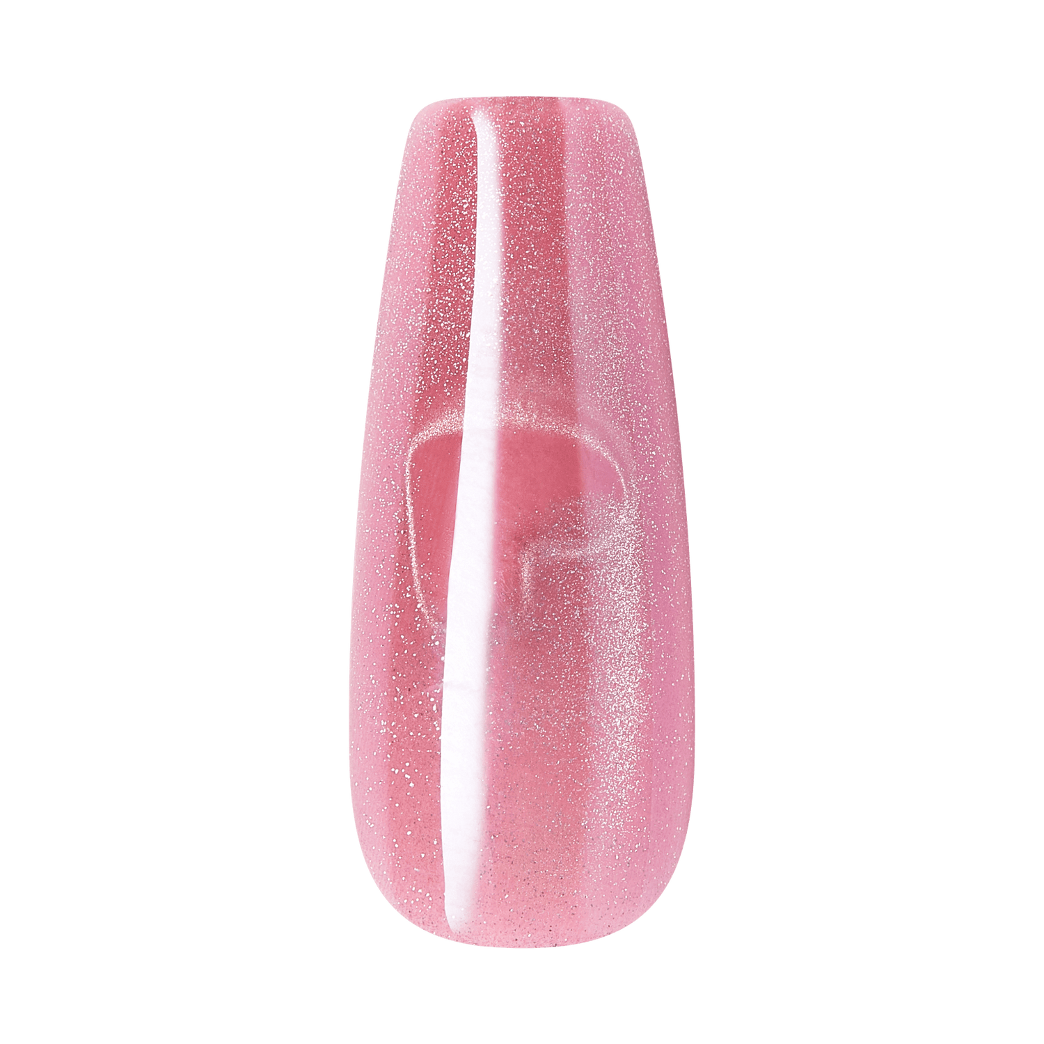 Pink glitter coffin-shaped nail polish sample with white stripe detail
