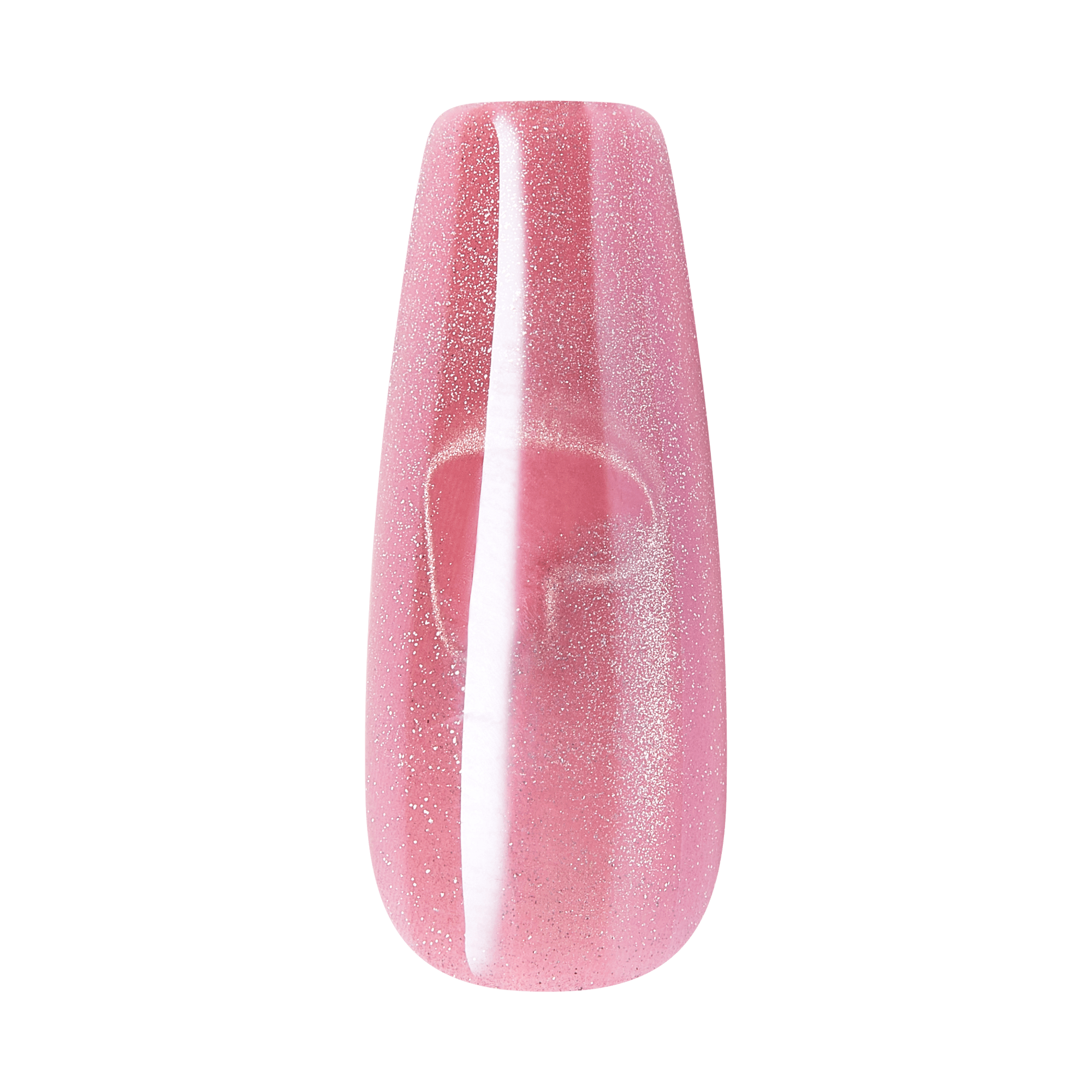 Pink glitter coffin-shaped nail polish sample with white stripe detail