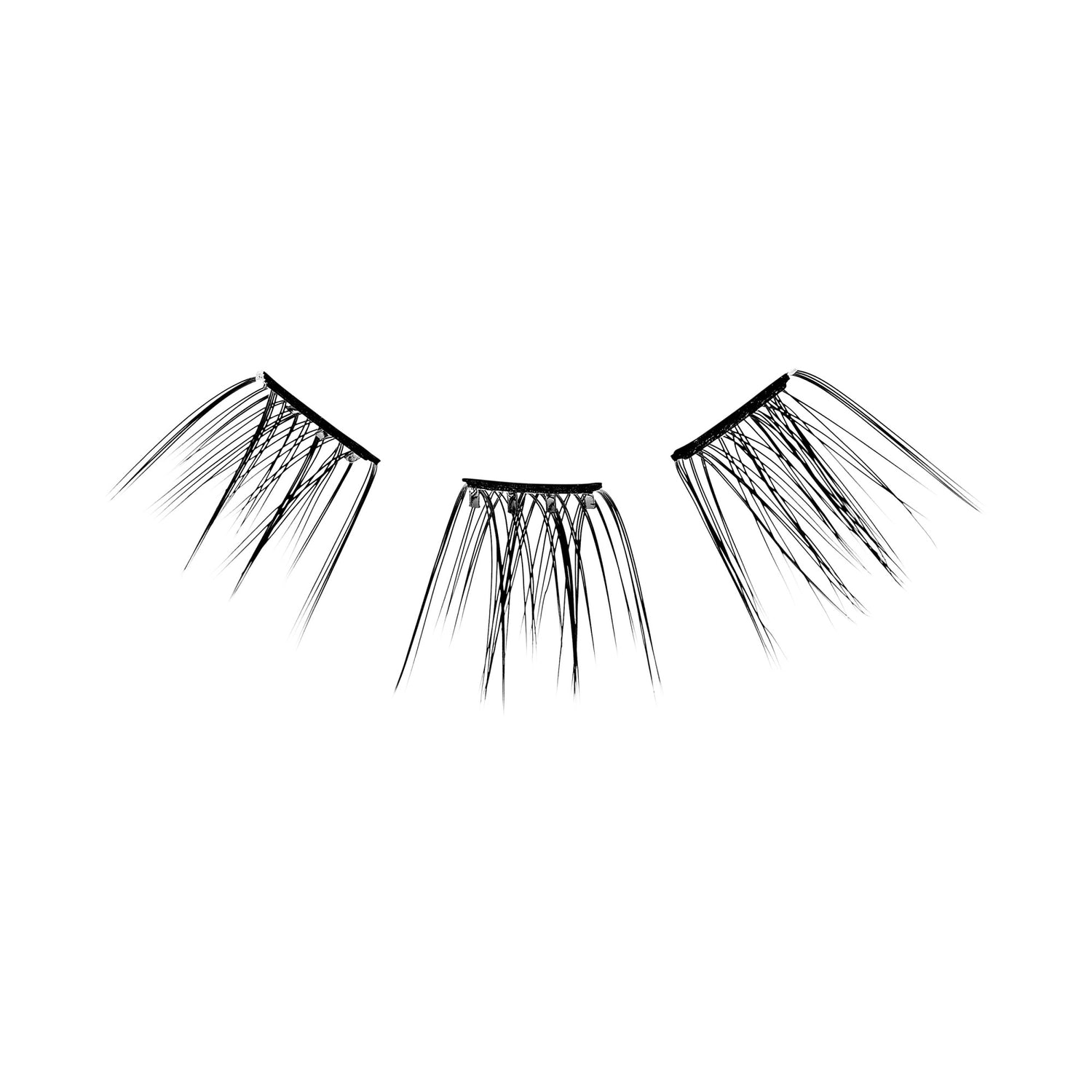 The image depicts three clusters of false eyelashes arranged in a semi-circular pattern. Each cluster consists of multiple individual lashes that are attached to a small, dark band at the base. The lashes are long, thin, and taper towards the ends, giving them a natural and wispy appearance. The background is plain white, which highlights the details of the eyelashes.