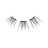 The image depicts three clusters of false eyelashes arranged in a semi-circular pattern. Each cluster consists of multiple individual lashes that are attached to a small, dark band at the base. The lashes are long, thin, and taper towards the ends, giving them a natural and wispy appearance. The background is plain white, which highlights the details of the eyelashes.