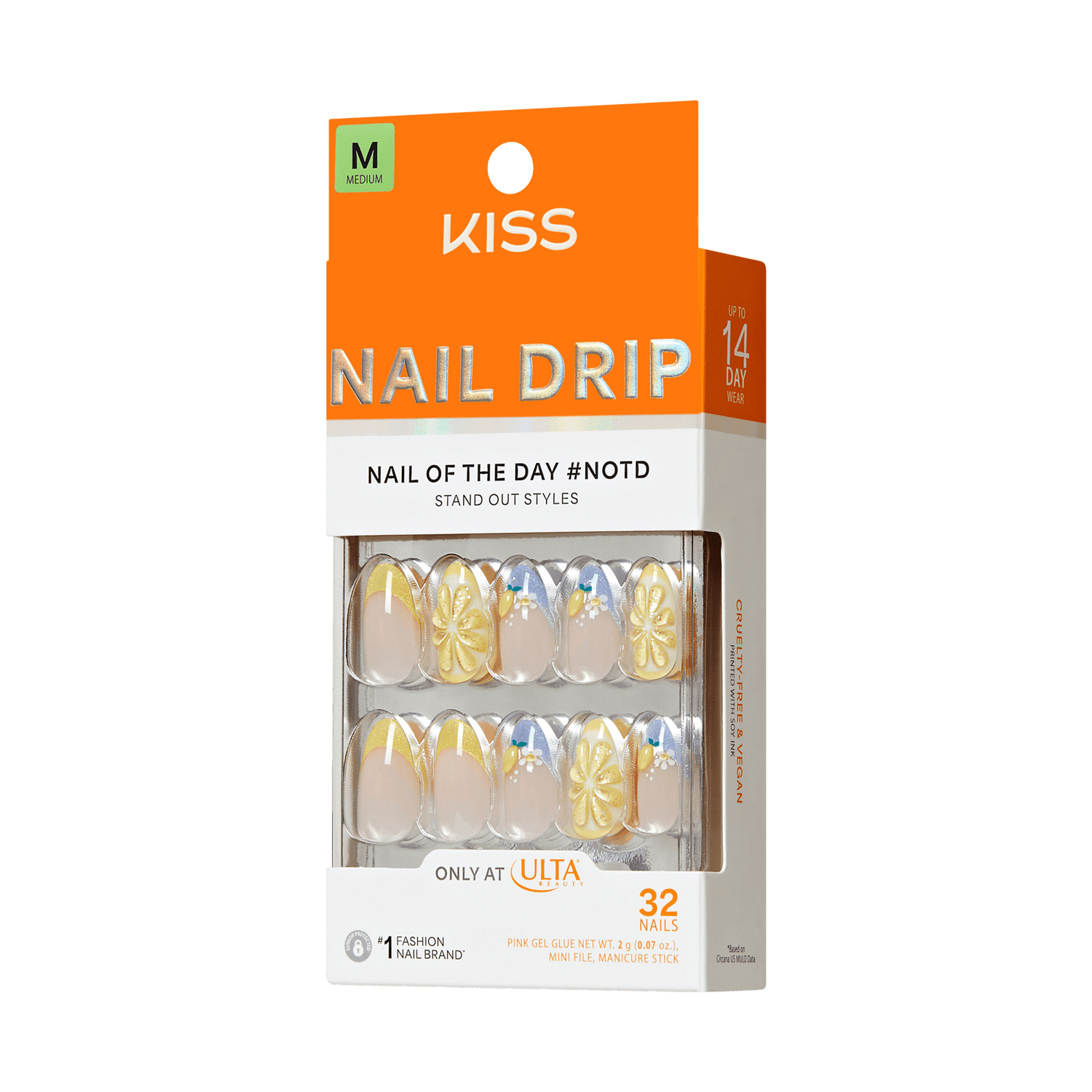 KISS Nail Drip medium press-on nails with lemon and floral designs, 32 count pack.