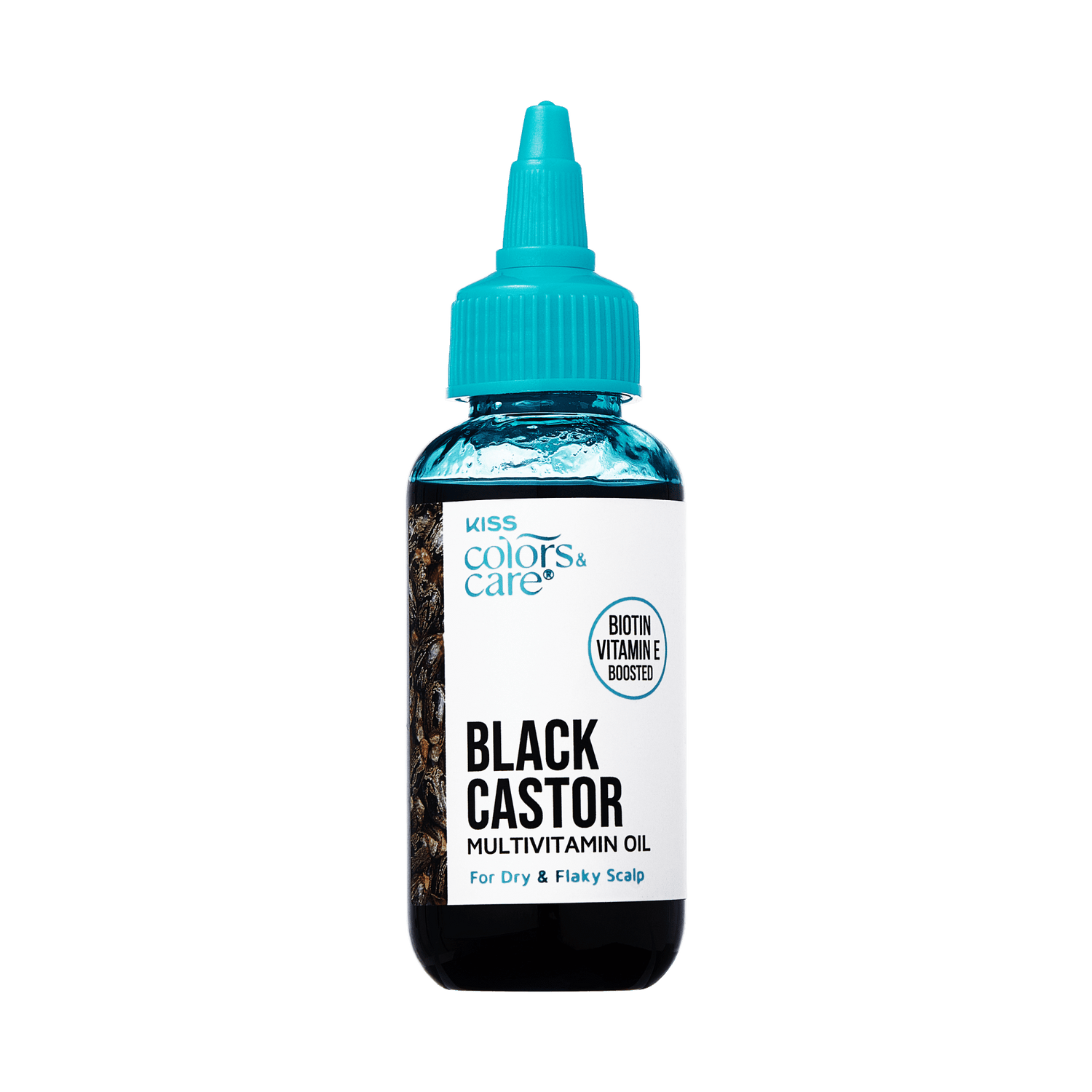 KISS Colors &amp; Care Black Castor Multivitamin Oil bottle with teal cap, label highlights biotin and vitamin E boost for dry, flaky scalp.