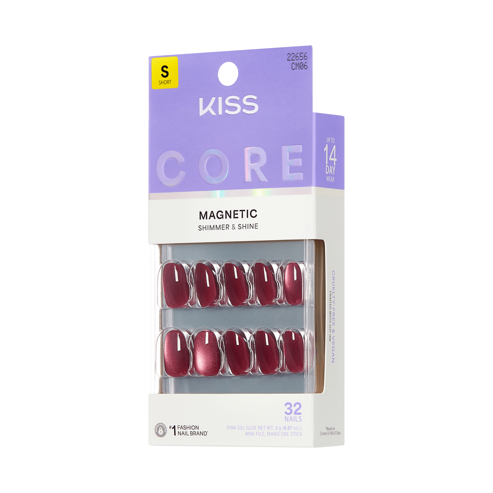 KISS Core Magnetic Shimmer &amp; Shine Short Nails, 32 Count, Deep Burgundy
