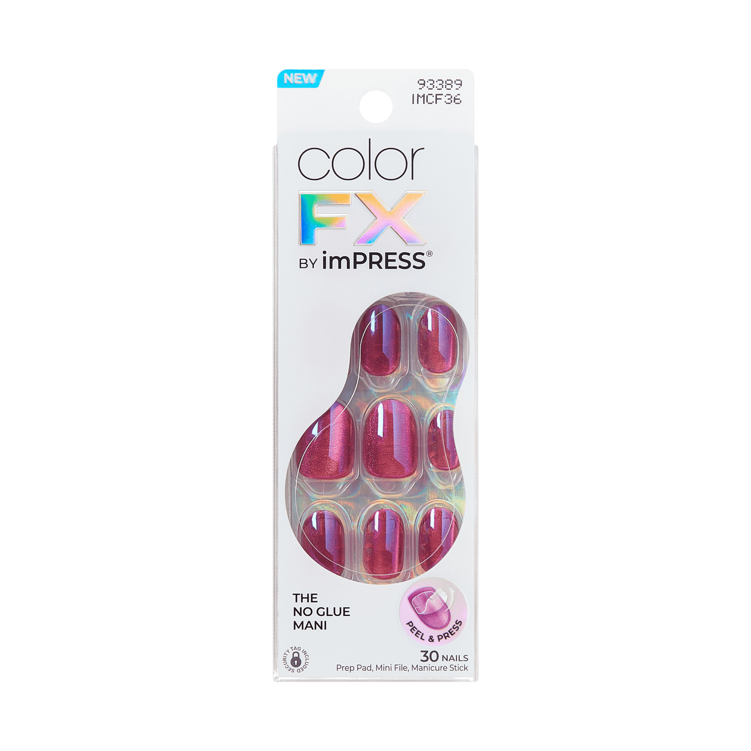 colorFX by imPRESS press-on nails in metallic purple shade, visible through clear window, with \